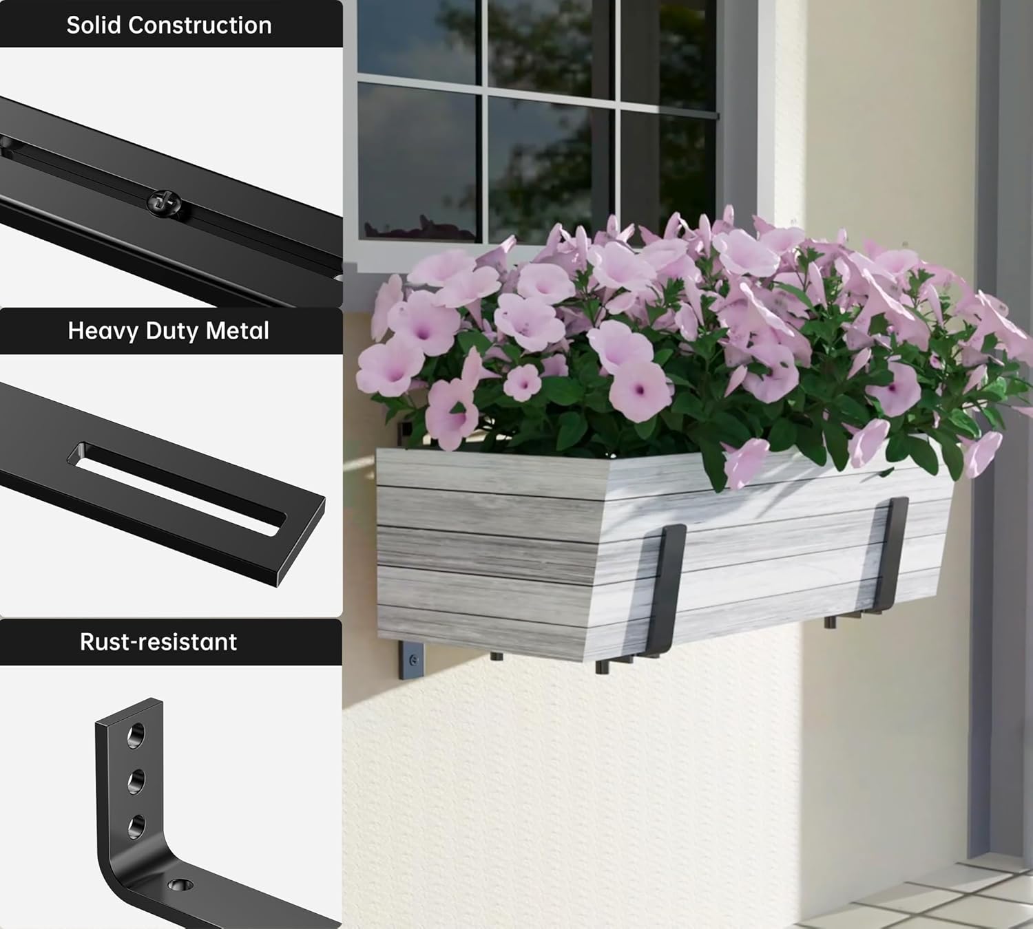 Y&M 6 PCS Adjustable Window Box Brackets for Planter Box, Heavy Duty Wall Mounted Hooks Hangers for Flower Baskets Holder Durable Brackets for Fence Patio Garden Balcony