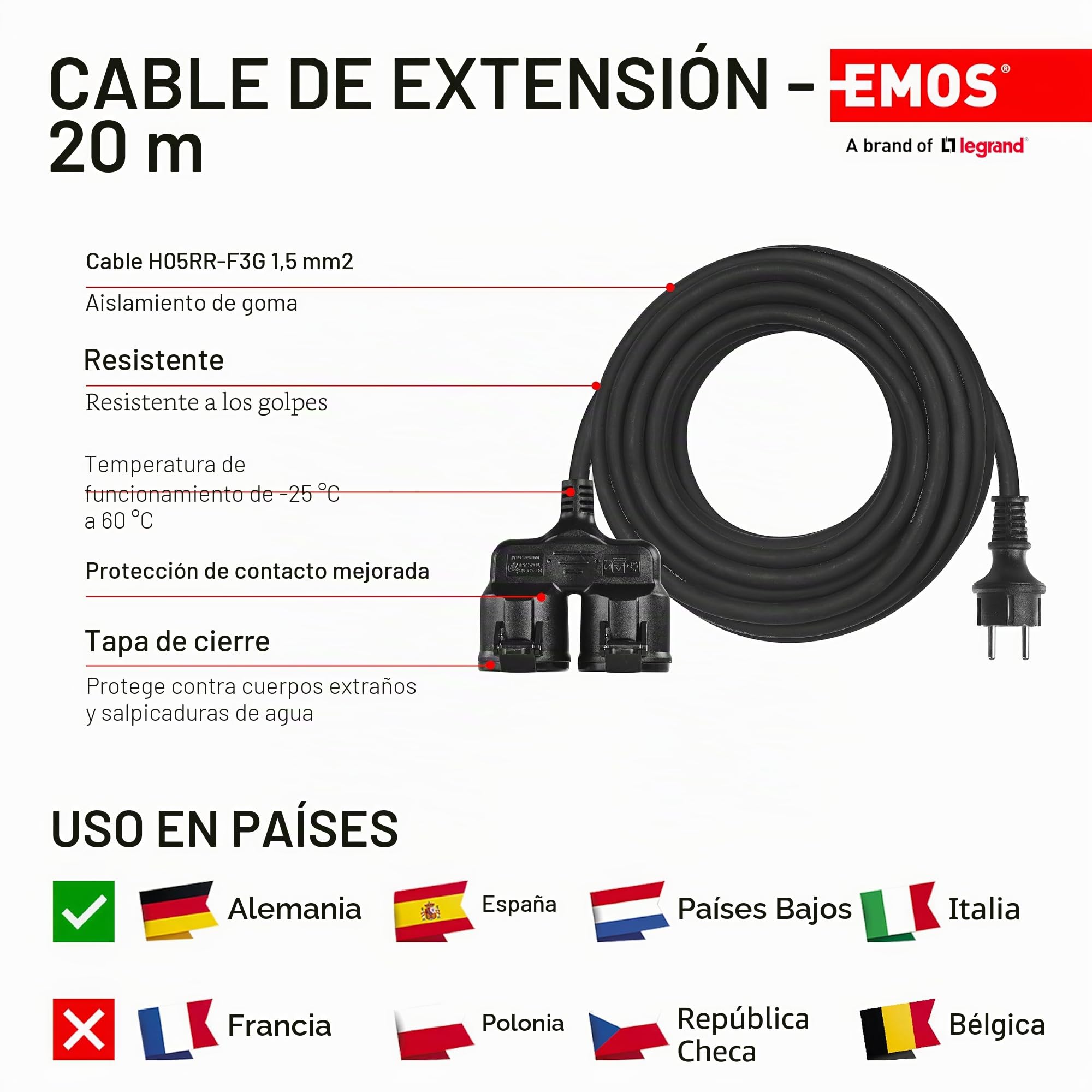 EMOS Cable alargador IP44 20 m, 2 Schuko, Resistente Agua, Calor, Golpes, frío, 230 V 16 A 3680 W, Goma H05RR-F3G 1.5 mm², Exteriores, Negro