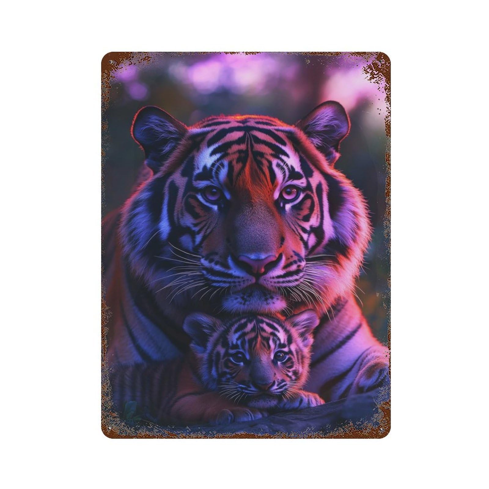 Garage Style Tiger Cub And Mother Distressed Metal Wall Sign 15.7"x11.8", Retro Wall Decor for Bar And Workshop