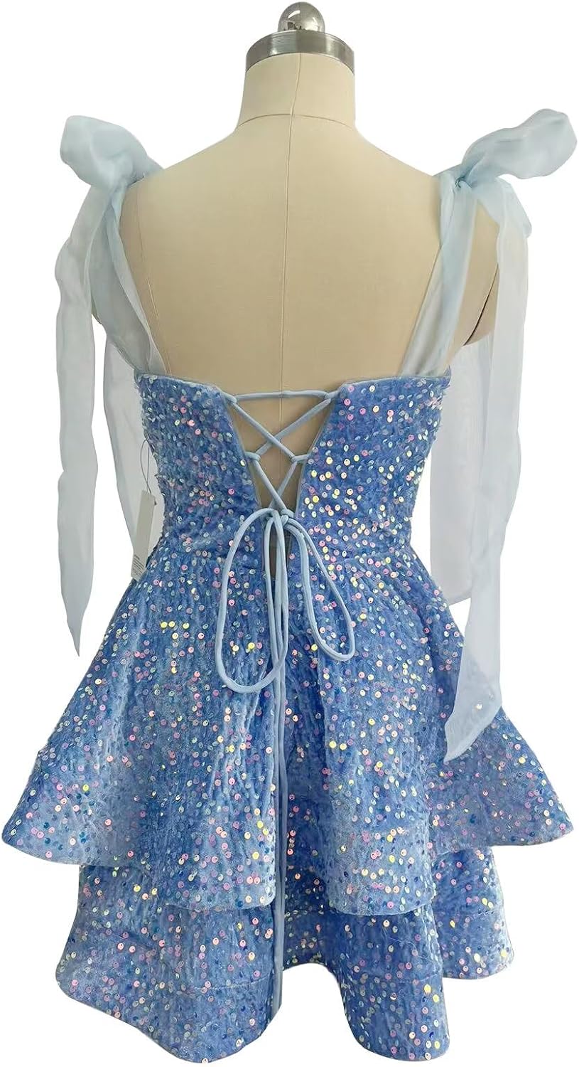 Sparkly Sequin Homecoming Dresses for Teens with Bow Spaghetti Strap Short Prom Dresses Princess Cocktail Party Gown - Image 4