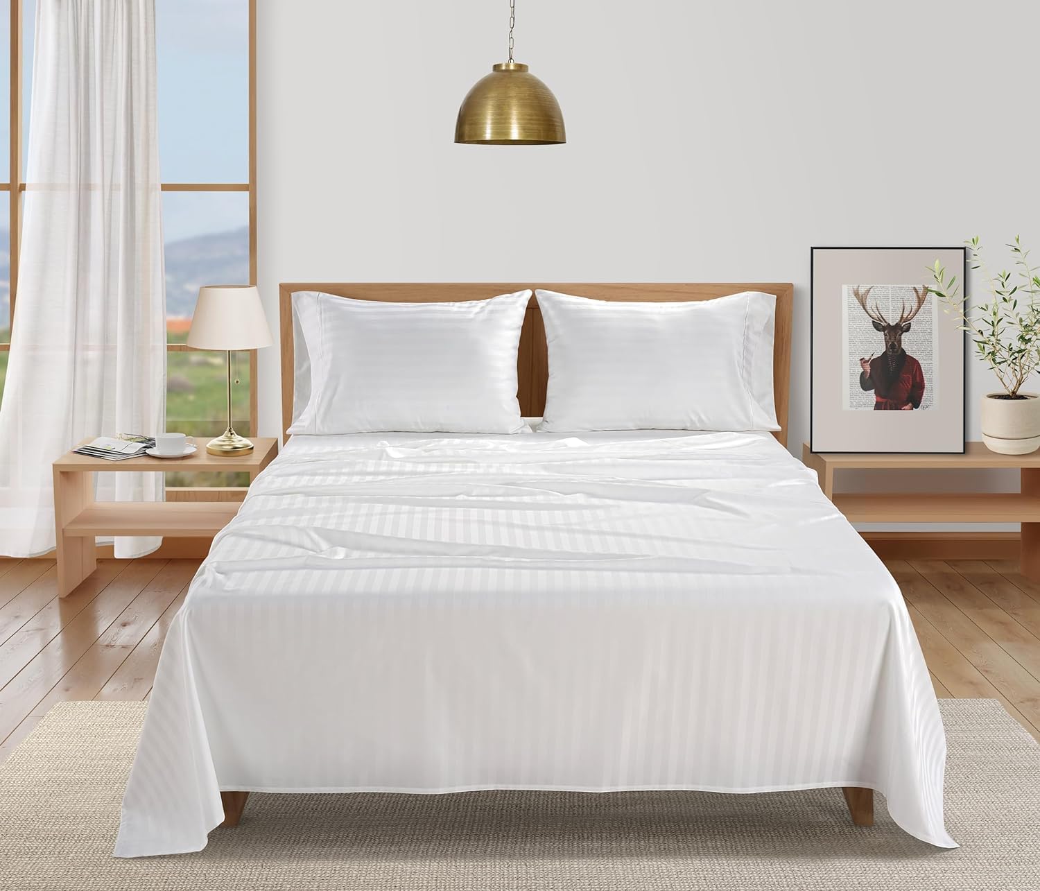 King Size 3pcs bedsheet,Super Soft Cotton bedsheet set include 1 flat sheet(240x260cm)2 Pillowcases (50x75cm), Durable, Breathable and Comfortable- Wrinkle, Fade, and Stain Resistant. (White Striped)