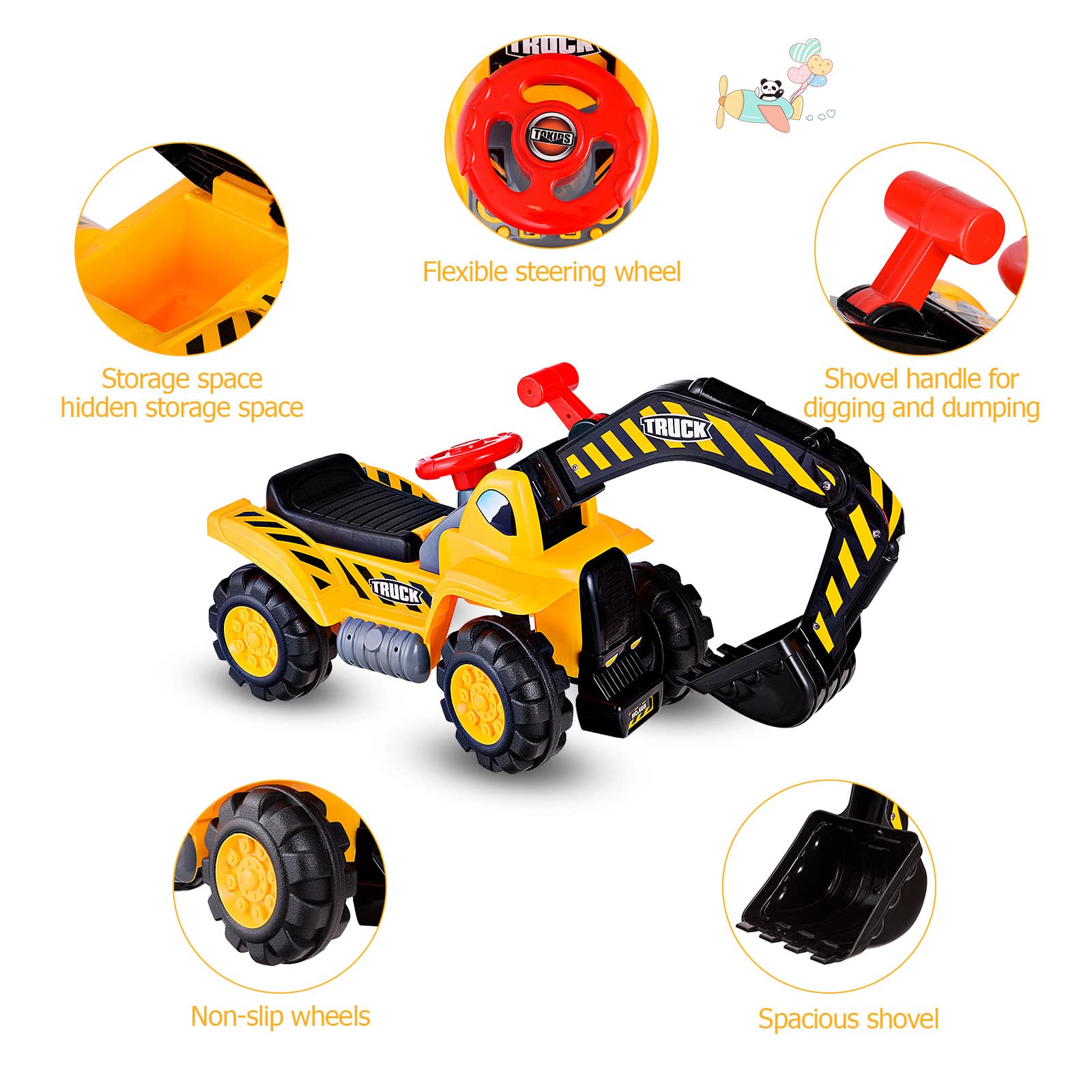 LIFEZEAL Sitzbagger für Sandspiel, Kinderbagger Rutscherfahrzeug mit Eingebautem Stauraum, Baustellenfahrzeug mit Sound, beweglicher Anfänger, inkl. Helm & Stein, für Kinder ab 3 Jahren