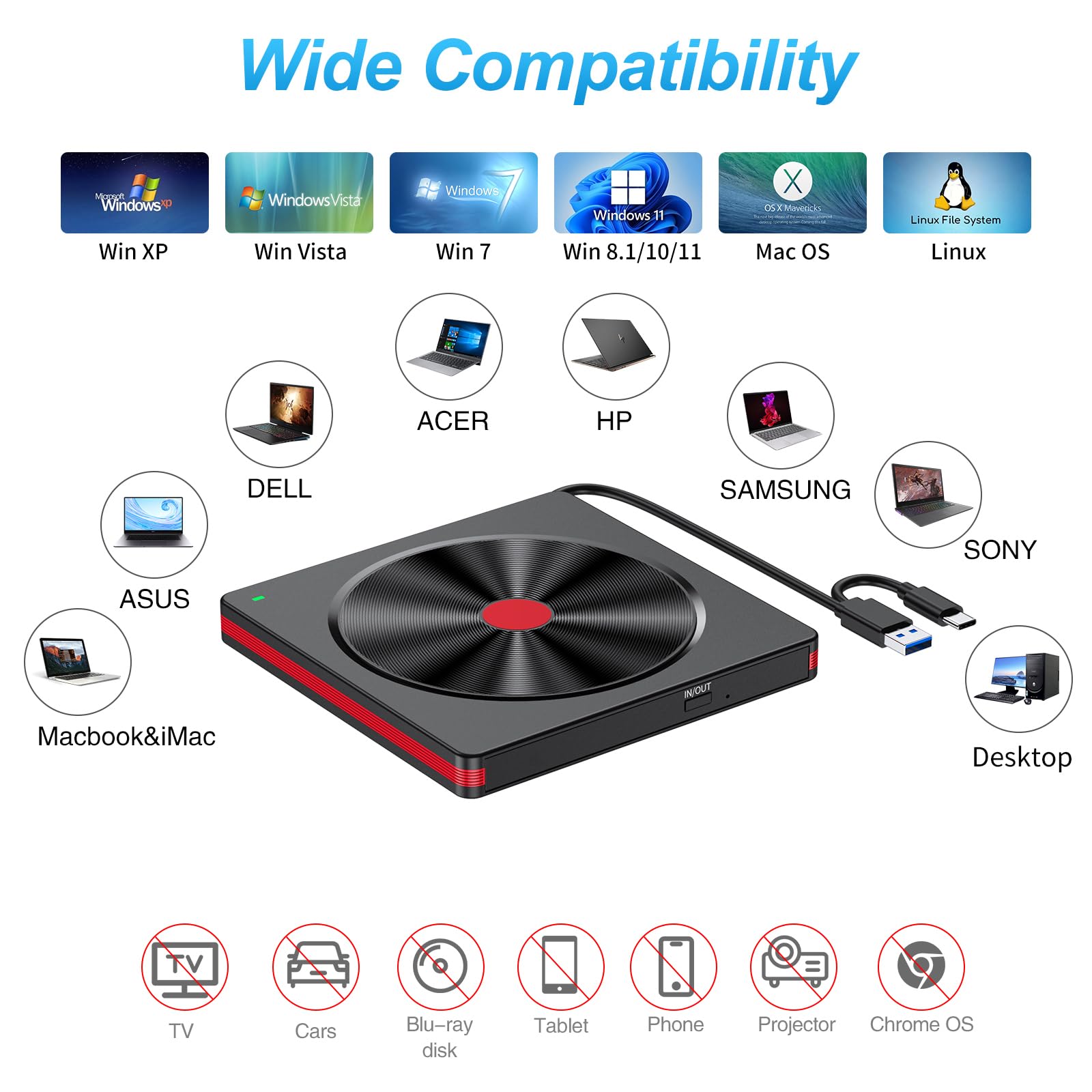 Lettore CD DVD Esterno per PC Portatile, Masterizzatore DVD Esterno, USB 3.0 Unità CD/DVD Esterne, Lettore DVD per PC Windows 11/10/8.1/7/XP/Vista Linux Mac OS Laptop Desktop Macbook NeroRosso