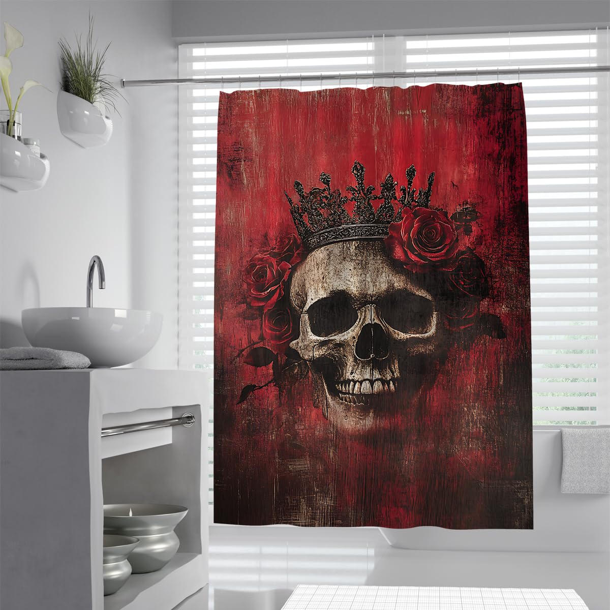 Tende Doccia Teschio Corona Rosso Scuro Gotico Halloween 200x200cm