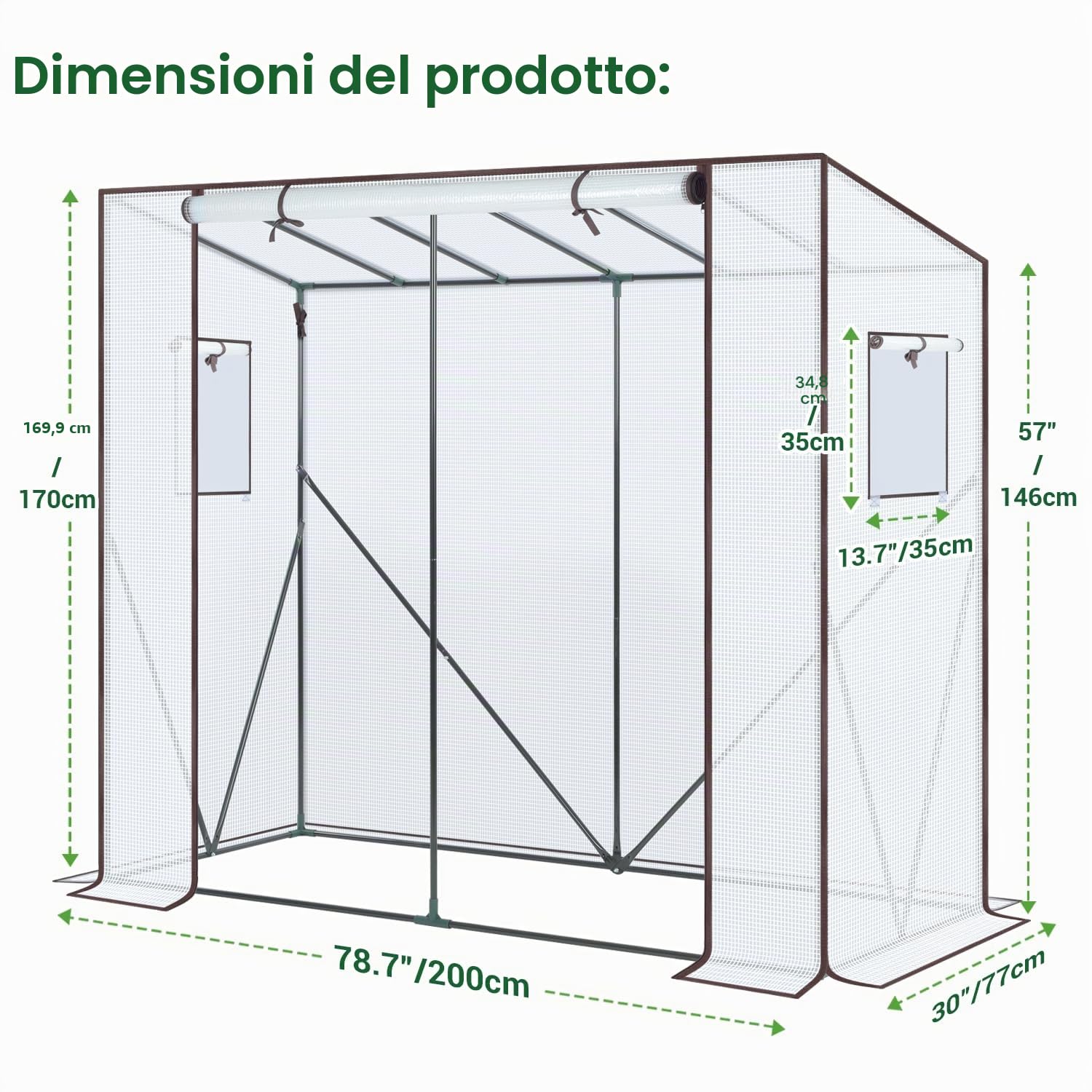 Ohuhu Serra da Giardino con Finestre, Mini Serra Walk-in con Pellicola di Copertura in PE da 130g/m², 200x77x170 cm serra da balcone Resistente e Durevole Multiuso Riparo per Piant, Bianco
