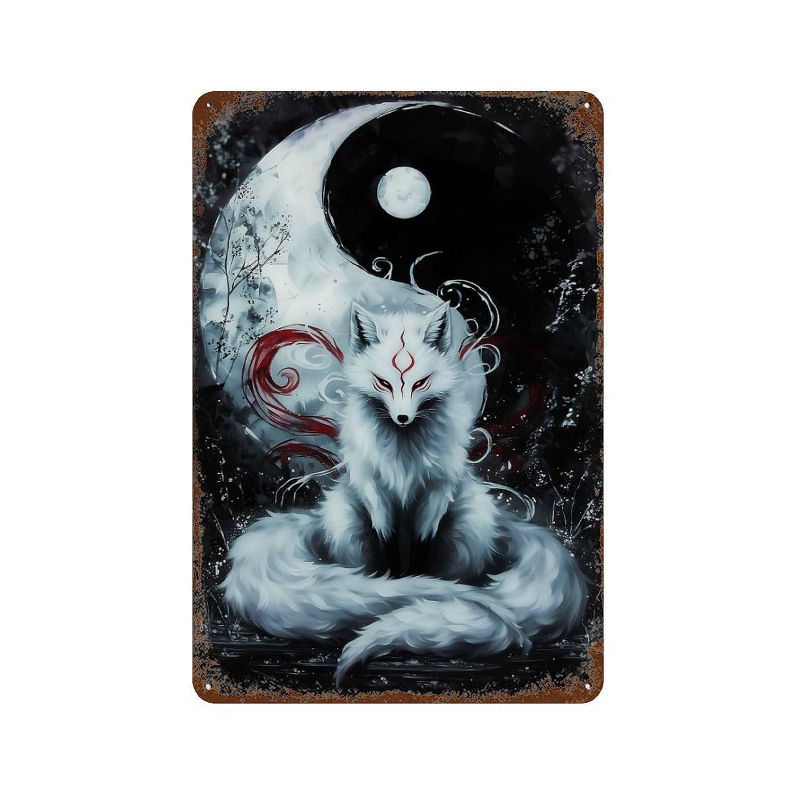 Yin And Yang Kitsune Rust Effect Tin Sign 11.8"x7.9", Industrial Home Decor for Garage, Pub Or Kitchen