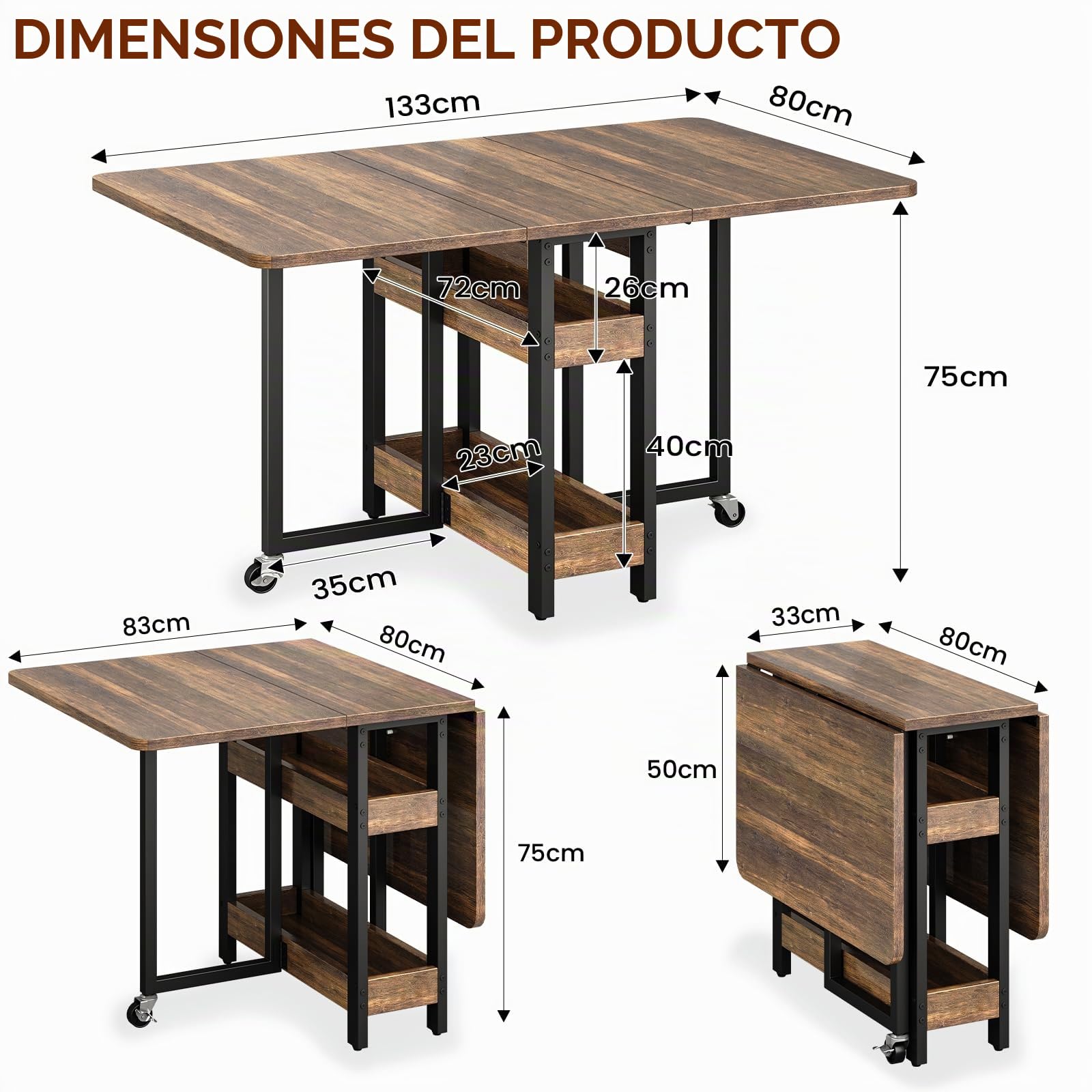 Clevich Mesa Plegable de Comedor con 2 estantes, Capacidad para 4-6 Personas, Ideal para Espacios pequeños, Solo 0,218 m³ Cuando está plegada, para Cocina y hogar, 133x80x75cm, Madera de Tigre.