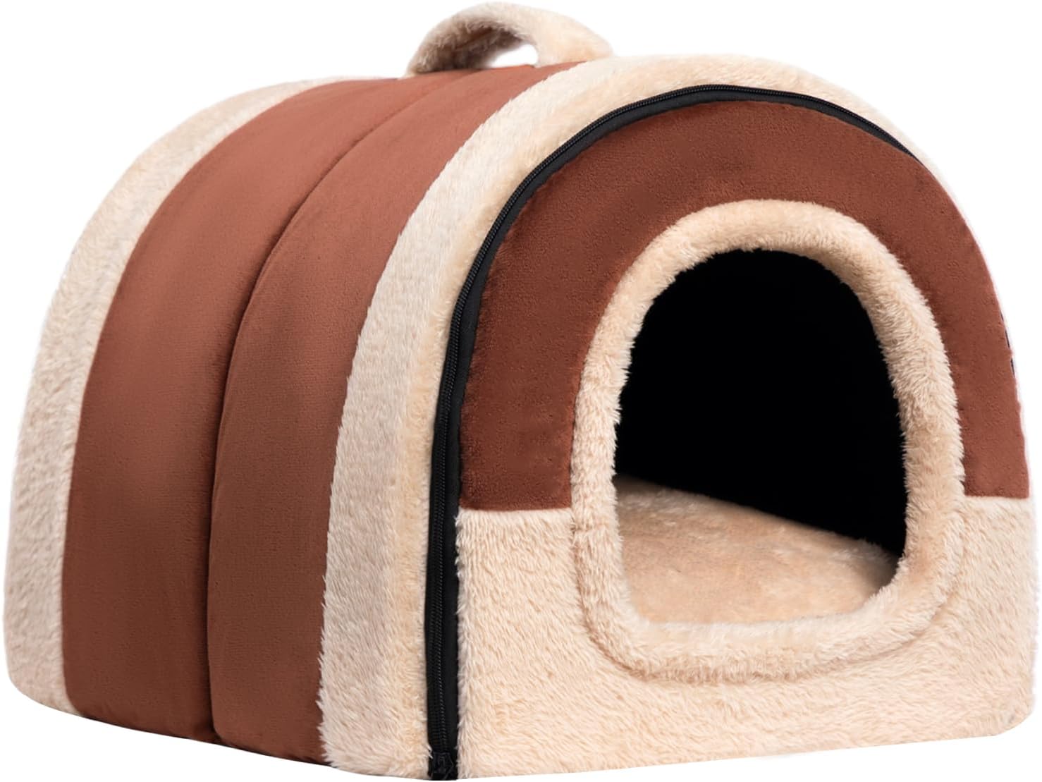 Hollypet Cat Bed Self-Warming 2 in 1 Foldable Kitty Cave Hut House Nest Pet Sleeping Bed, Crystal Velvet Pet Condo for Indoor Cats, Brown Arched Cave
