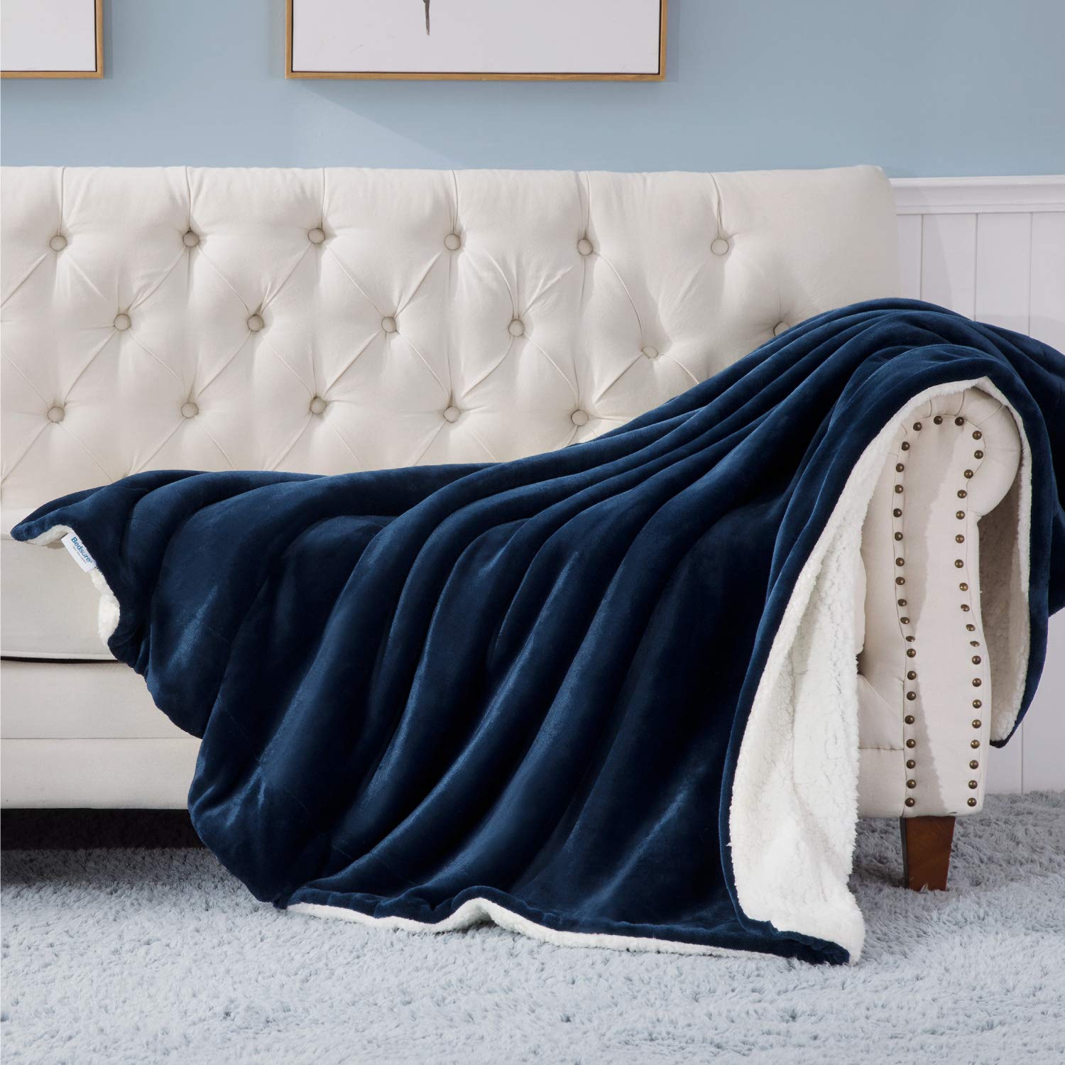 Bedsure Sherpa Fleece Throw Blanket for Couch Navy Blue Thick Fuzzy Warm Soft Blankets and