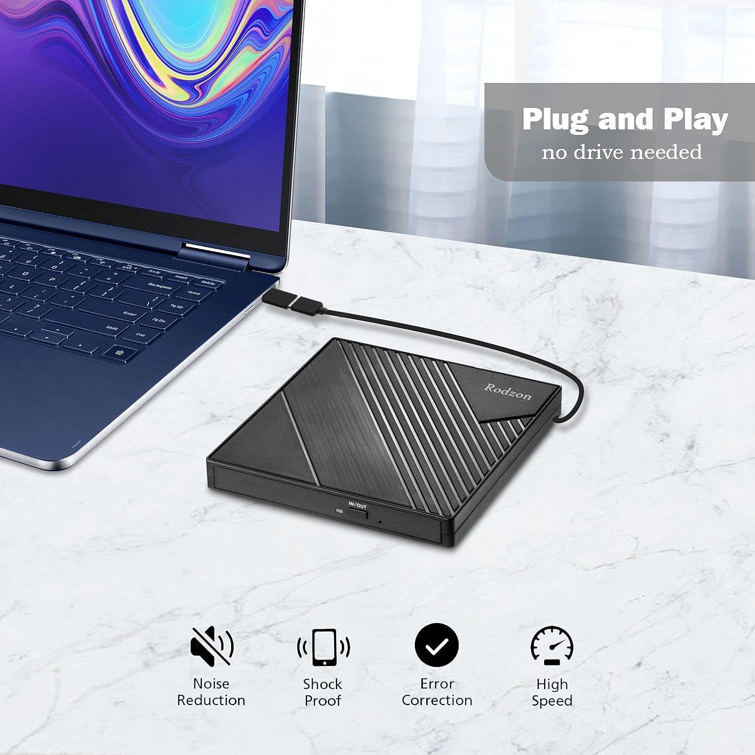 Rodzon External CD Drive Type C USB 3.0 Portable CD DVD +/-RW Drive Slim DVD/CD ROM Rewriter Burner Writer Compatible with Laptop Desktop PC Windows Linux OS Apple Mac