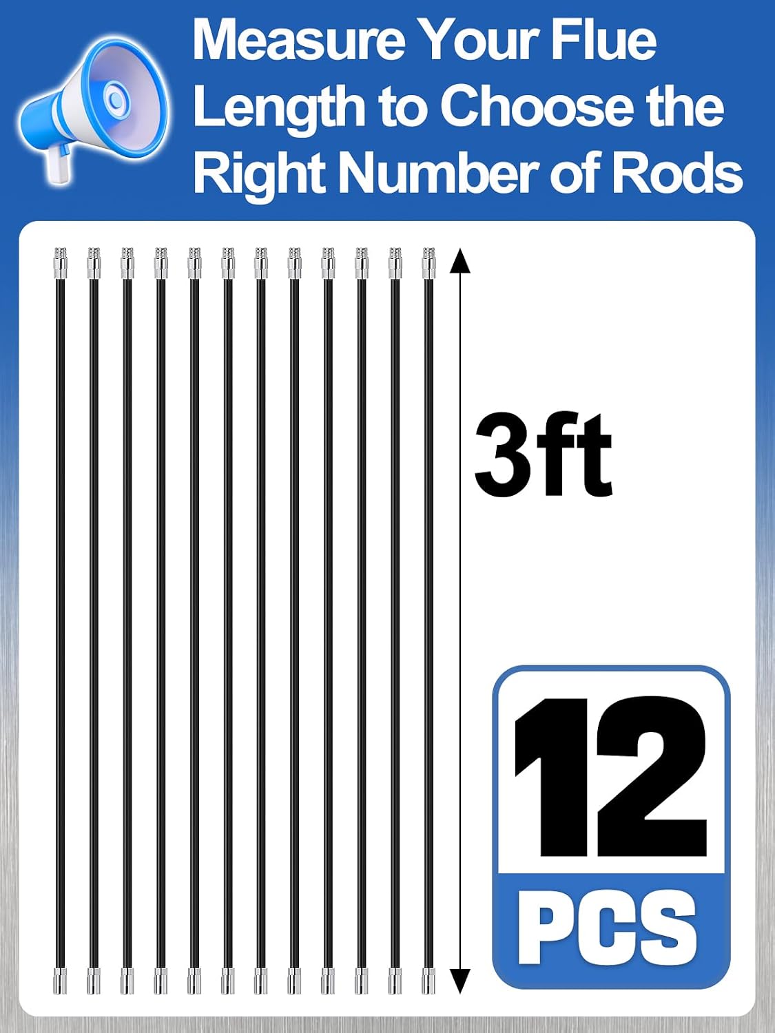 36ft Total Fiberglass Chimney Cleaning Rods for 1/4" NPT Brush, 3ft×12Pcs