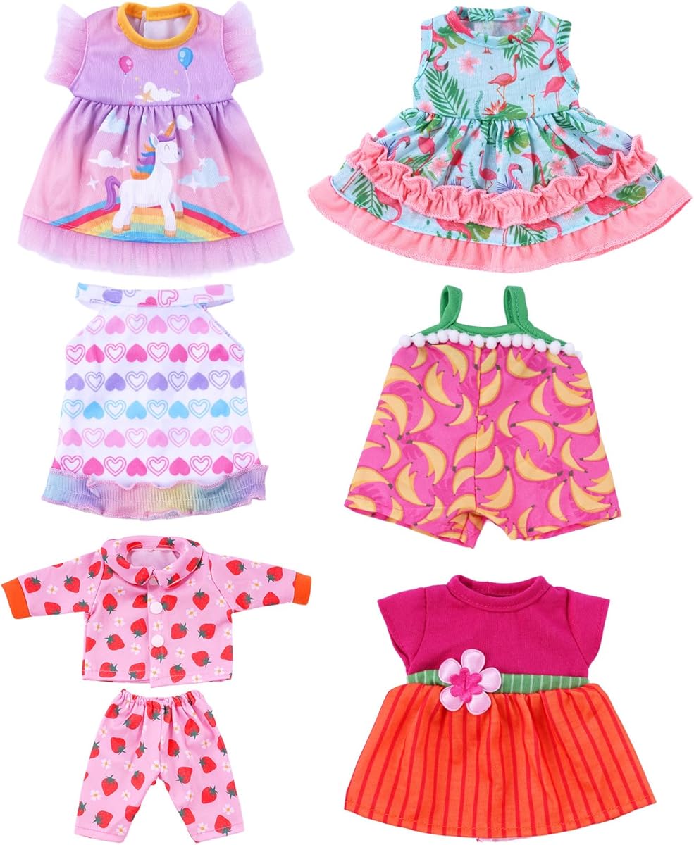 BABESIDE 6-Piece Alive Baby Doll Clothes and Accessories Set for 8-10 Inch Dolls, Includes Cute Dresses, Skirts, and Tops for Baby Dolls, for Kids(Not Doll)