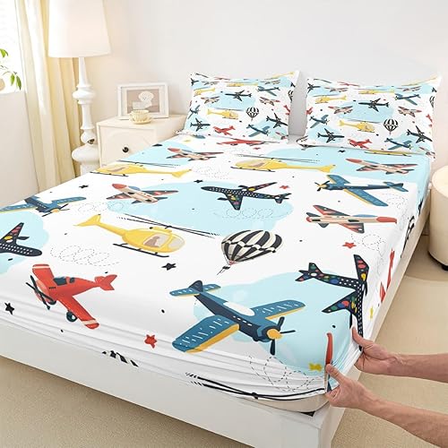 Set de ropa de cama con temática de aviones de dibujos animados tamaño individual, sábana ajustable linda para niños y adolescentes, 2 piezas,