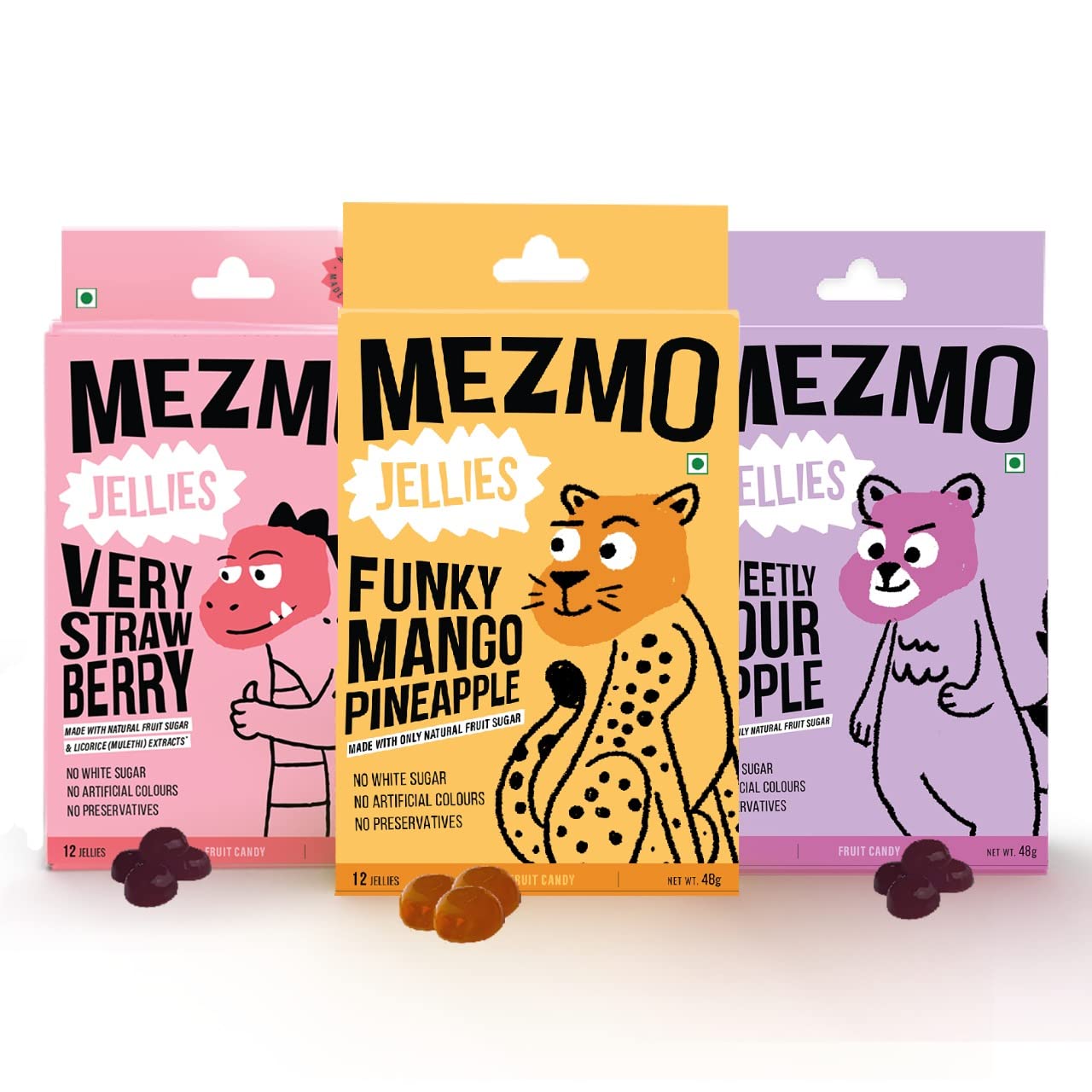 Mezmo Raksha Bandhan Celebrations GiftBox soft jelly Gift Pack yummy candy with natural fruit sugar 120gms 36 jellies (Pack of 3) - Strawberry, Apple & Mango Pineapple 1