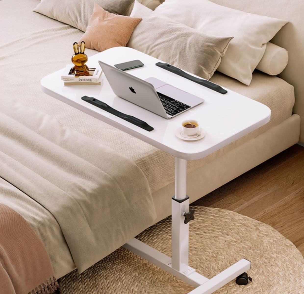 Peng General Mobile Overbed Table with Wheels, Adjustable Overbed Bedside Table with Wheels, Mobile Laptop Computer Standing Desk Cart with Tray, (White 60x40x59 cm)