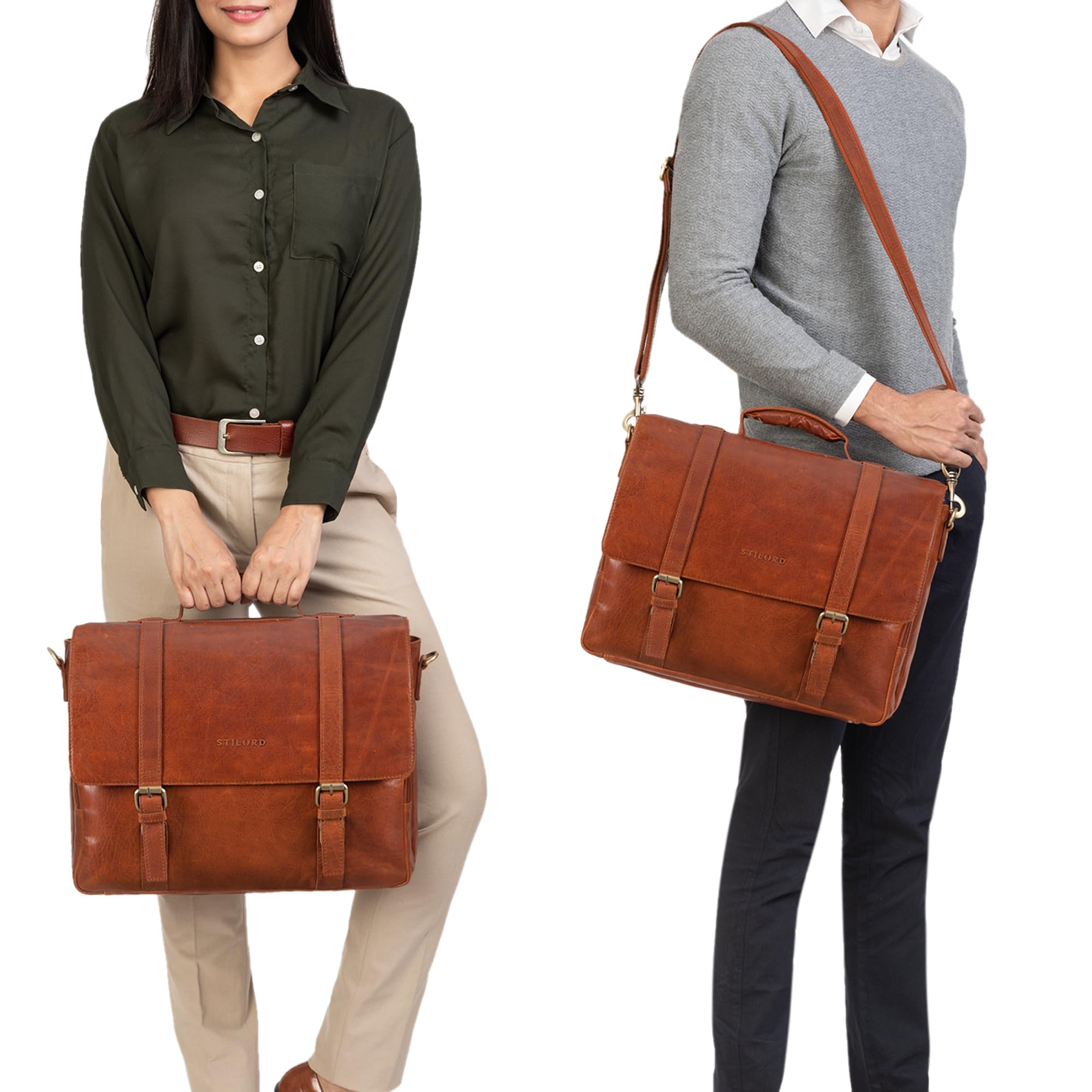 STILORD Calvin Maletín Piel Hombres Grande para portátil 15.6 Pulgadas Mensajero Bolsa Bandolera Trabajo Bolso Negocios de Cuero Color:Zamora - marrón