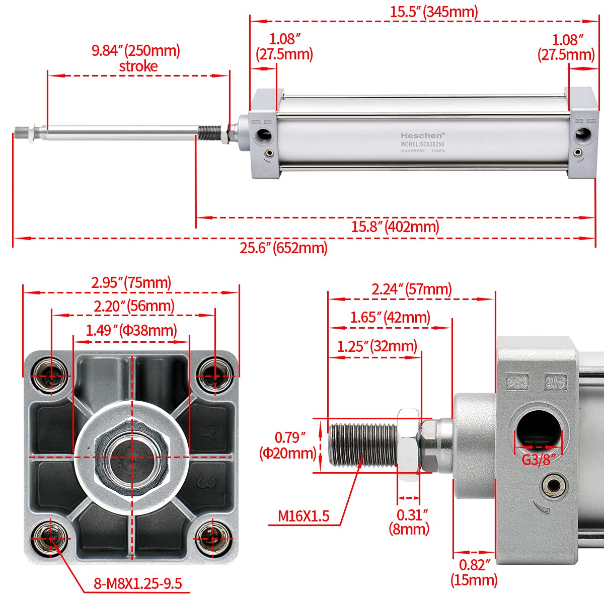 Heschen Vérin pneumatique Standard, SC 63-250, PT3/8'' Port, Alésage 63mm, Course 250mm, Double Effet