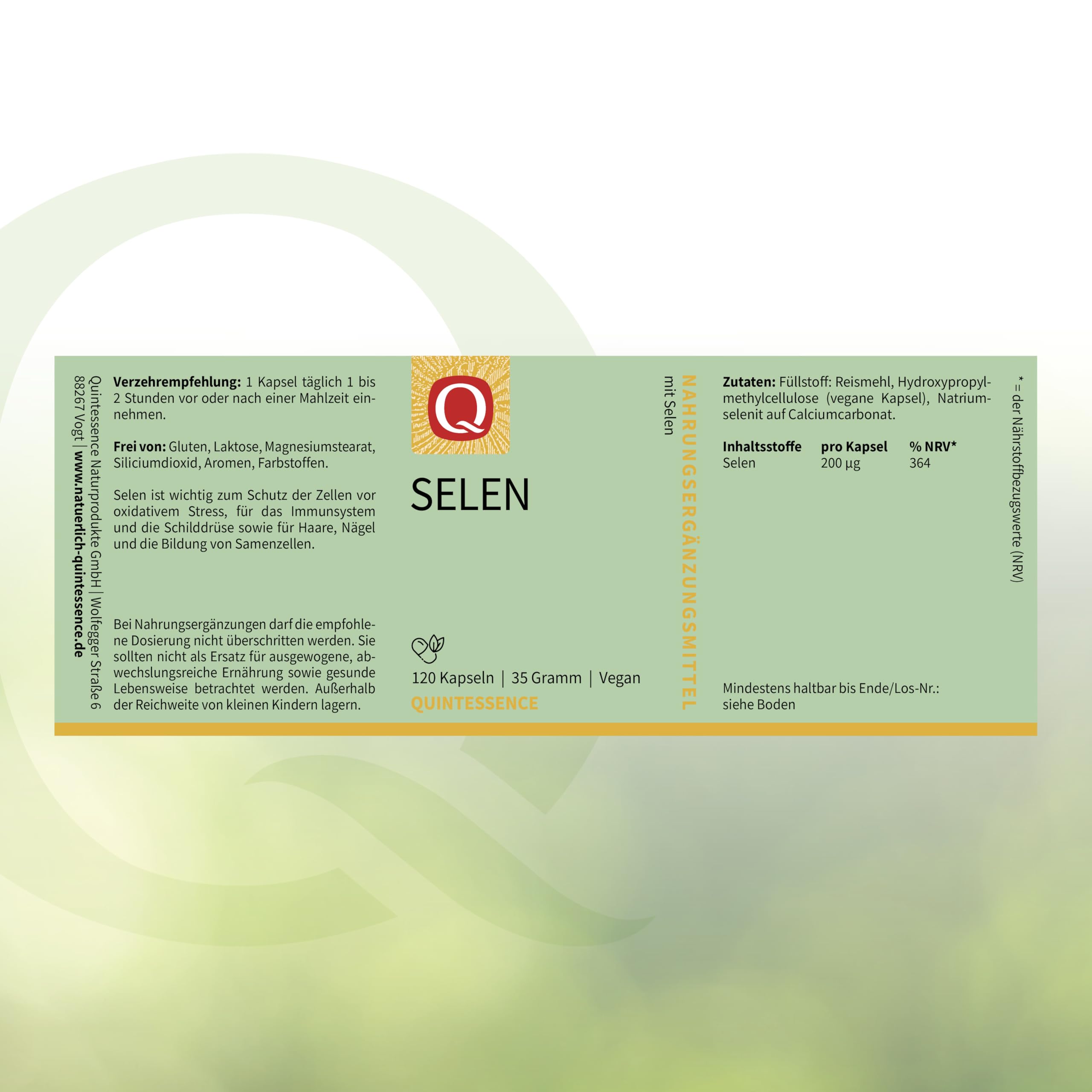 Selen, 120 Kapseln, 200 µg Selen, 100% Reinstoffqualität, Quintessence