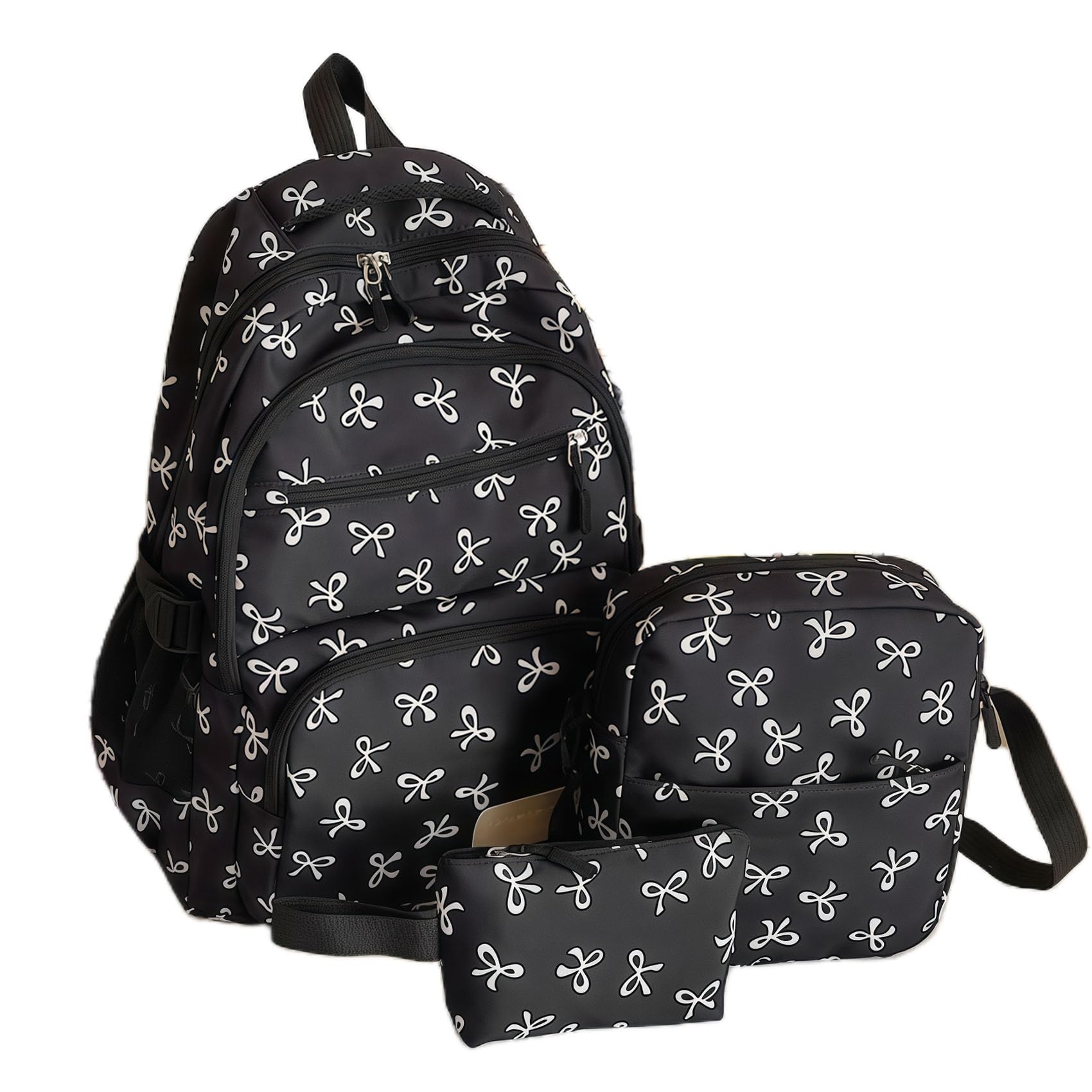 Jeeeun Bow Backpack for Girls 3Pcs Set - Adorable Cute Nylon School Daypack Fashion Aesthetic Rucksack (Black)