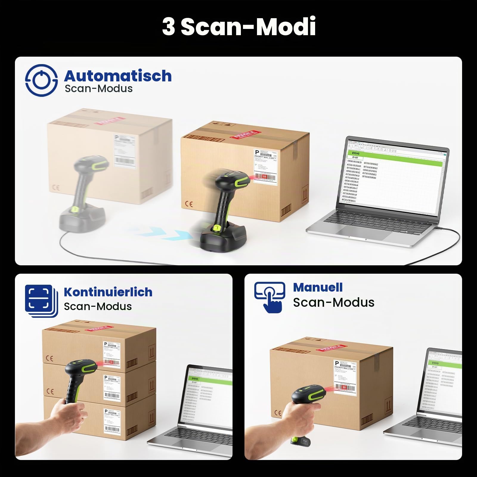 Eyoyo 2D QR Industrie Barcode Scanner Kabellos mit Kabelloser Ladeständer, Robuster, Strapazierfähiger, IP65 Wasserdichter 3-in-1 Barcodeleser mit Bluetooth, Wireless, USB für Laptop,Tablet, Android