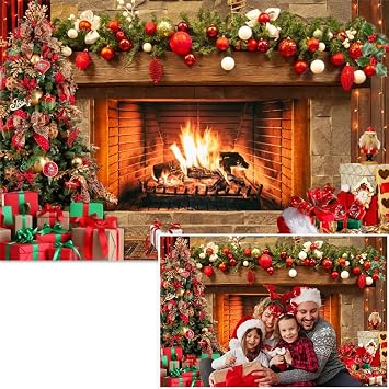 10x8ft Christmas Fireplace Photo Backdrop Xmas Interior Photography Backdrop Christmas Fireplace Decoration Background Photo Prop Xmas Tapestry for Wall Decor