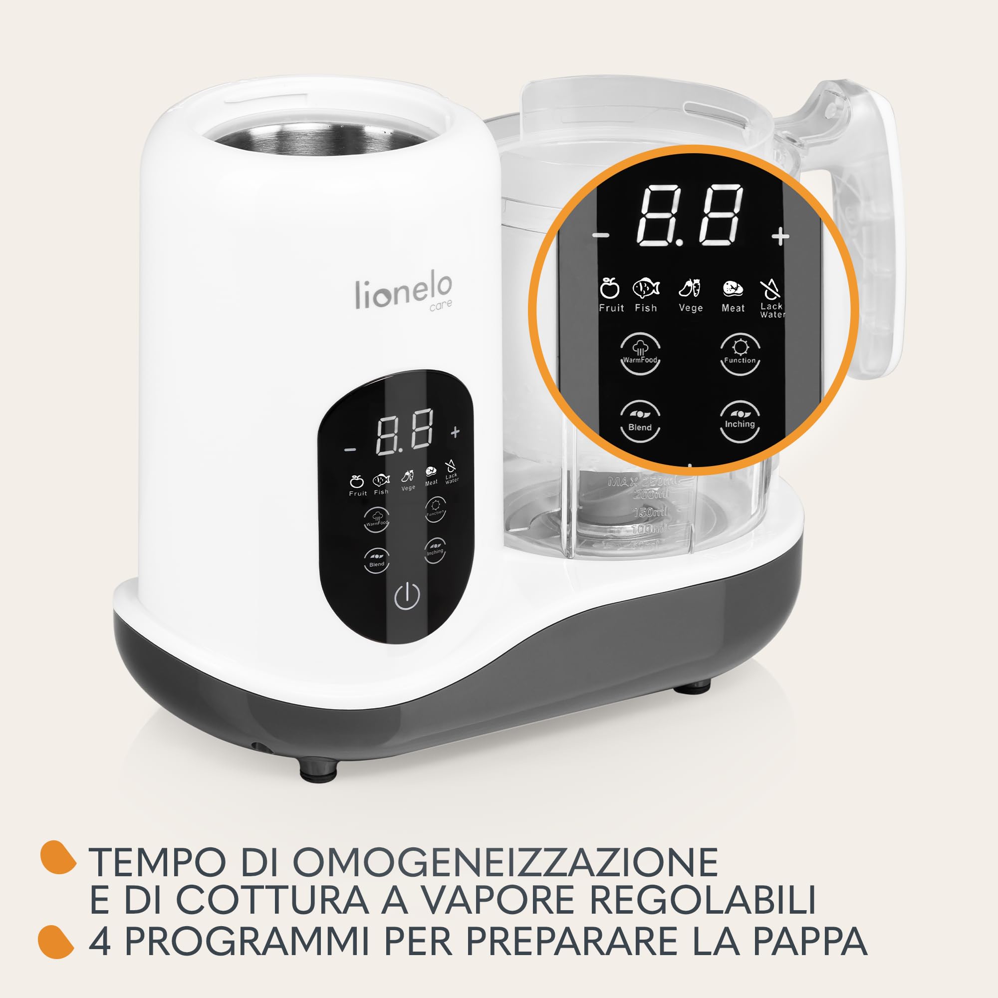 Lionelo BABYMENU 5in1 Robot Cucina e Scaldabiberon per Bambini: Cottura a Vapore, Frullatura, Riscaldamento, Scongelamento, Sterilizzazione, Senza BPA, 35 Ricette