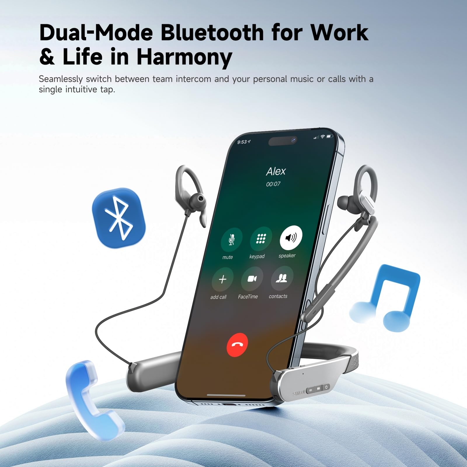 SYNCO Xtalk S2 Wireless Intercom Headset System 250m Full-Duplex 2.4G, 10h Runtime AI Noise Cancellation Lightweight 88g Duel-Mode for Work and Life Neckband Design for Outdoor Sports Gym Wedding