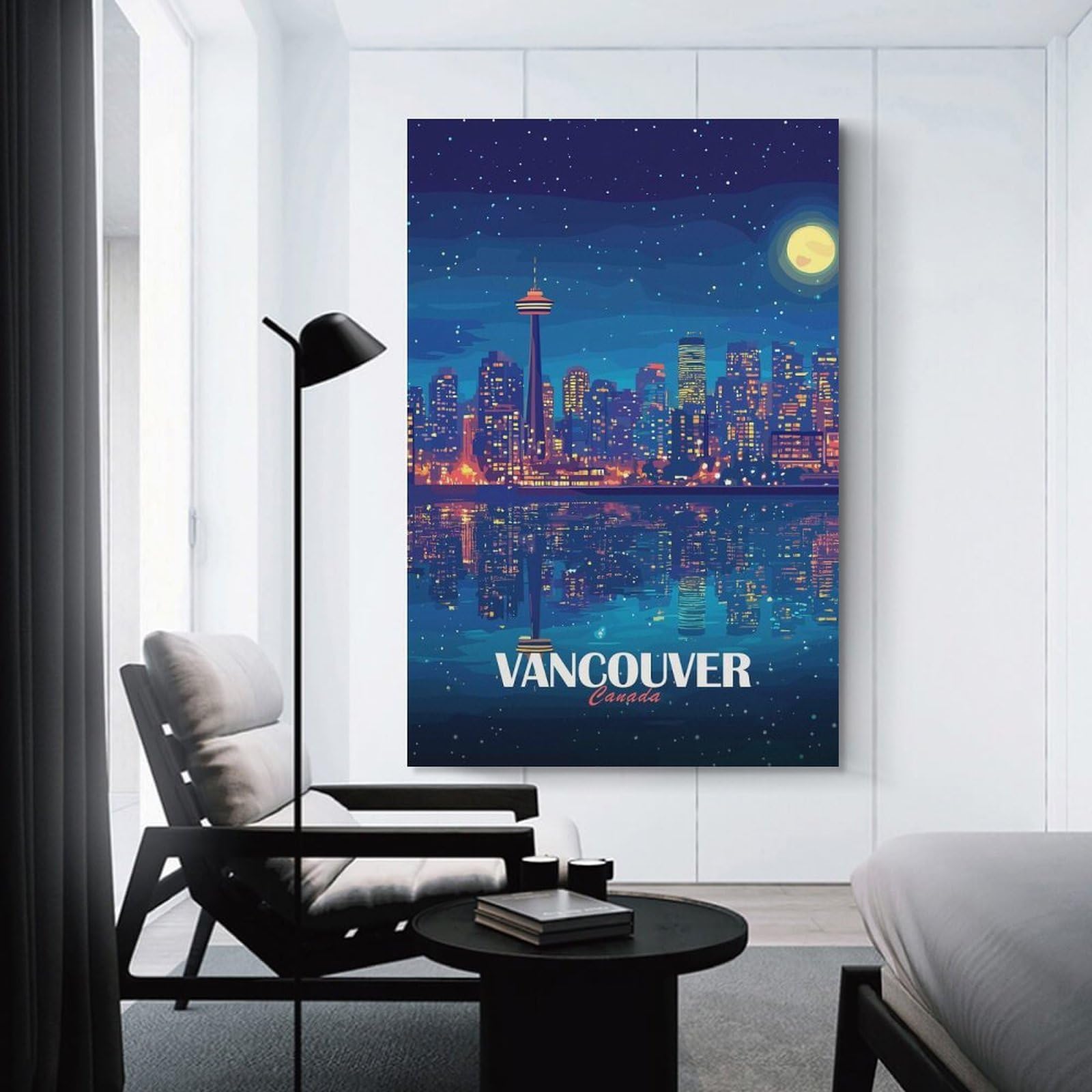Junmoney Vancouver Canada Night Skyline Illustration Canvas Wall Art 24x36inch(60x90cm), for Study, Office Or Focused Interiors, Home Office Artwork with Decorative Appeal