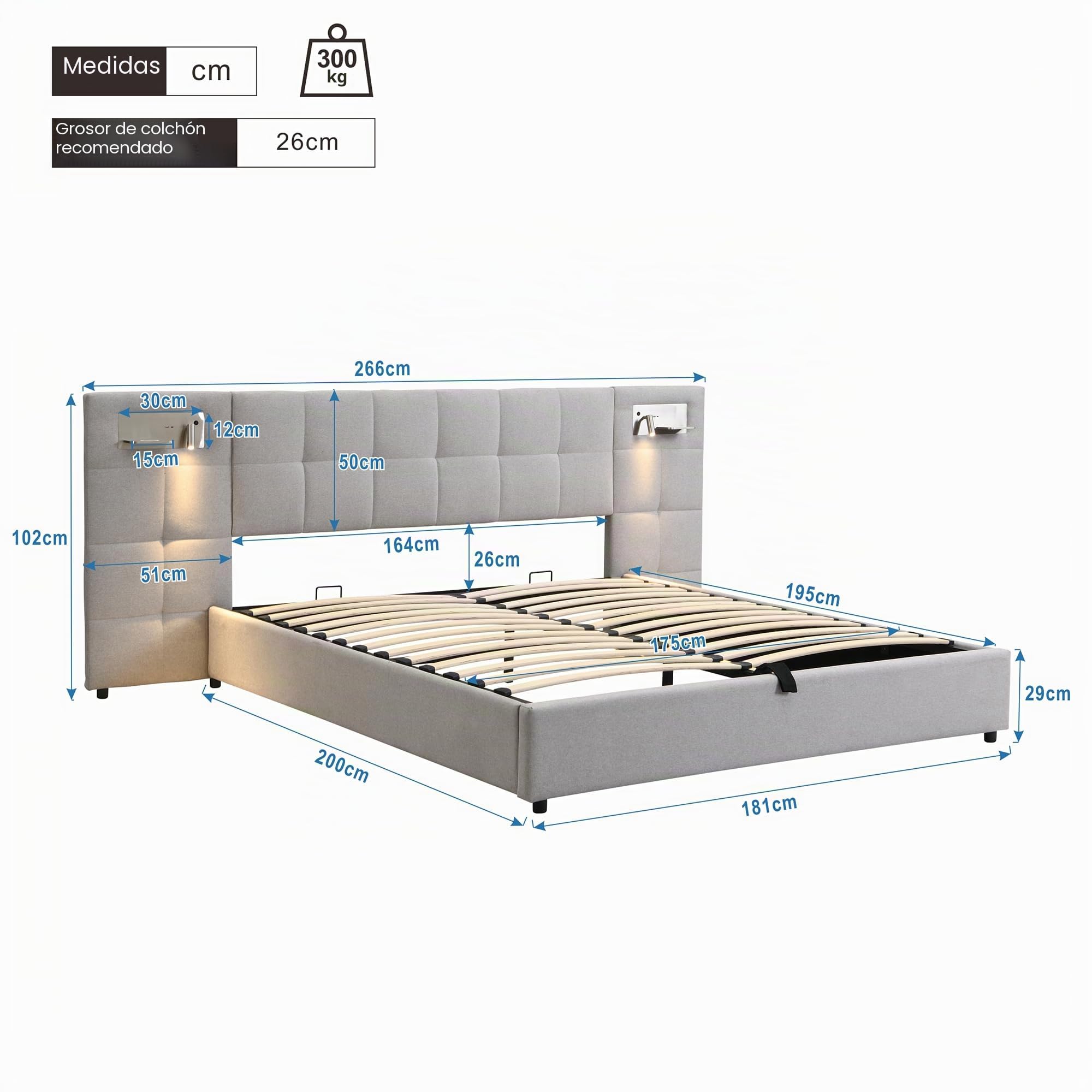 Dolamaní Cama tapizada para cama doble de 180 x 200 cm con espacio de almacenamiento, cama hidráulica con somier y cabecero funcional extra grande, para adultos y jóvenes, lino (gris)