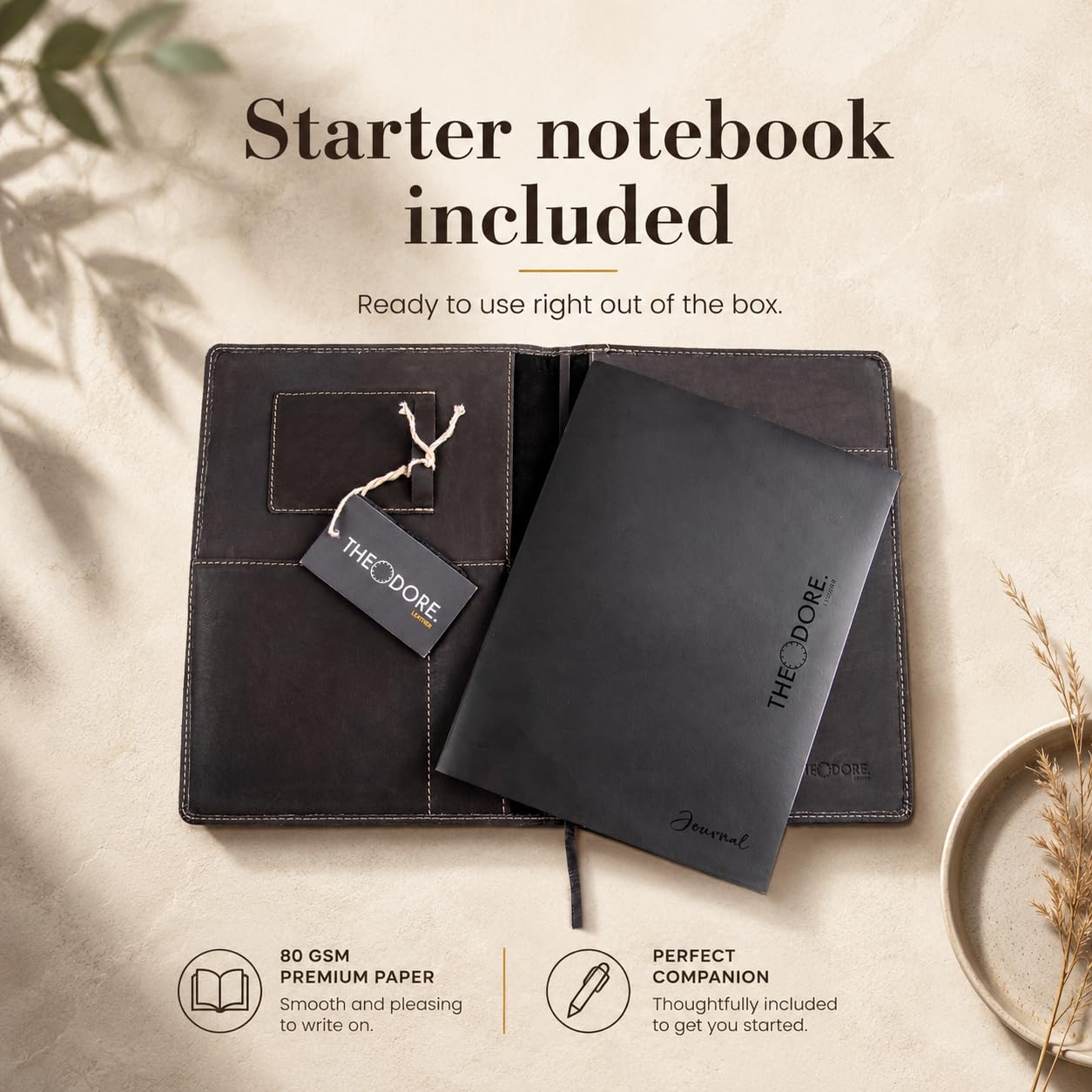 THEODORE Étui pour Carnet en Cuir Noir Theodore - Compatible Moleskine XL et Cahiers B5 (19,8 x 27,4 cm) - Carnet de Voyage avec Journal Inclus