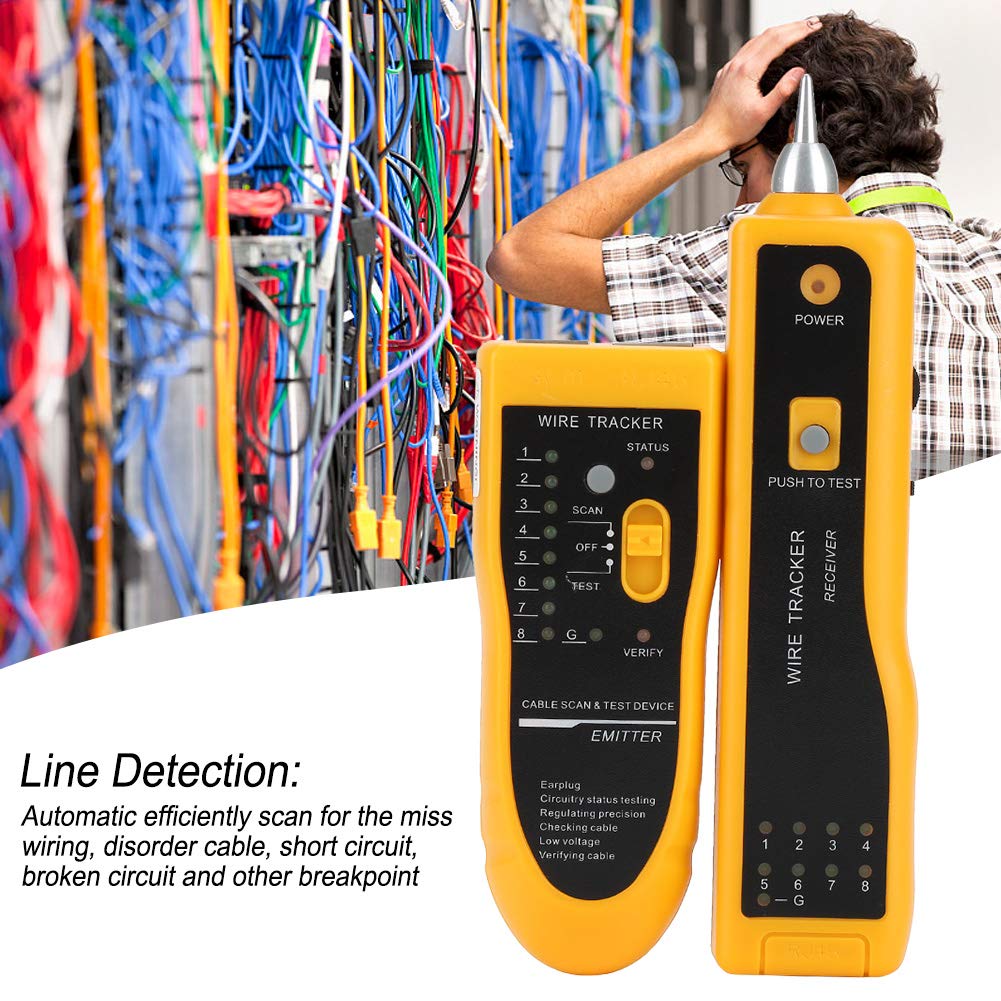 Technician using the Yoidesu Cable Tester Receiver to trace a cable in a server rack, with the emitter connected to a cable.