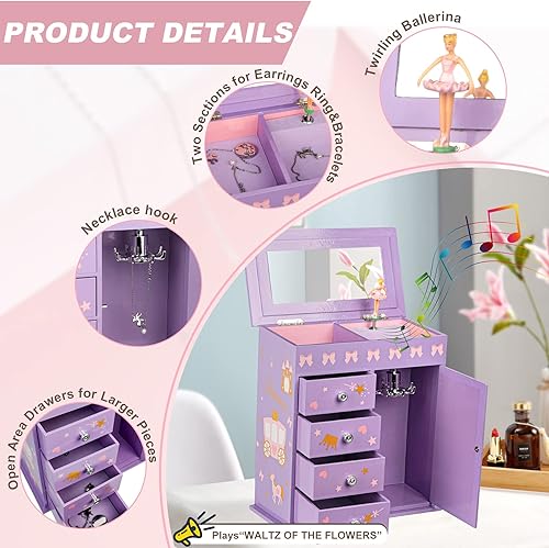 Vista 3 de efubaby Joyero mejorado para niñas de 5 capas con puerta batiente, diseño de unicornio y castillo, juego de joyas de unicornio, incluye joyero