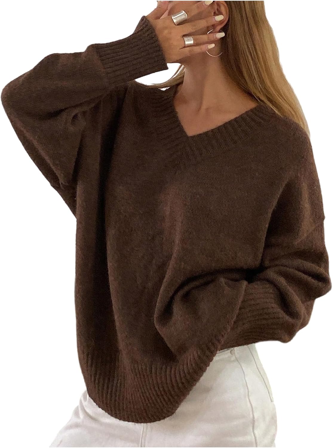 Women's Oversized Fall Sweaters Long Sleeve V Neck Loose Elegant Knit Trendy Drop Shoulder Pullover Tops
