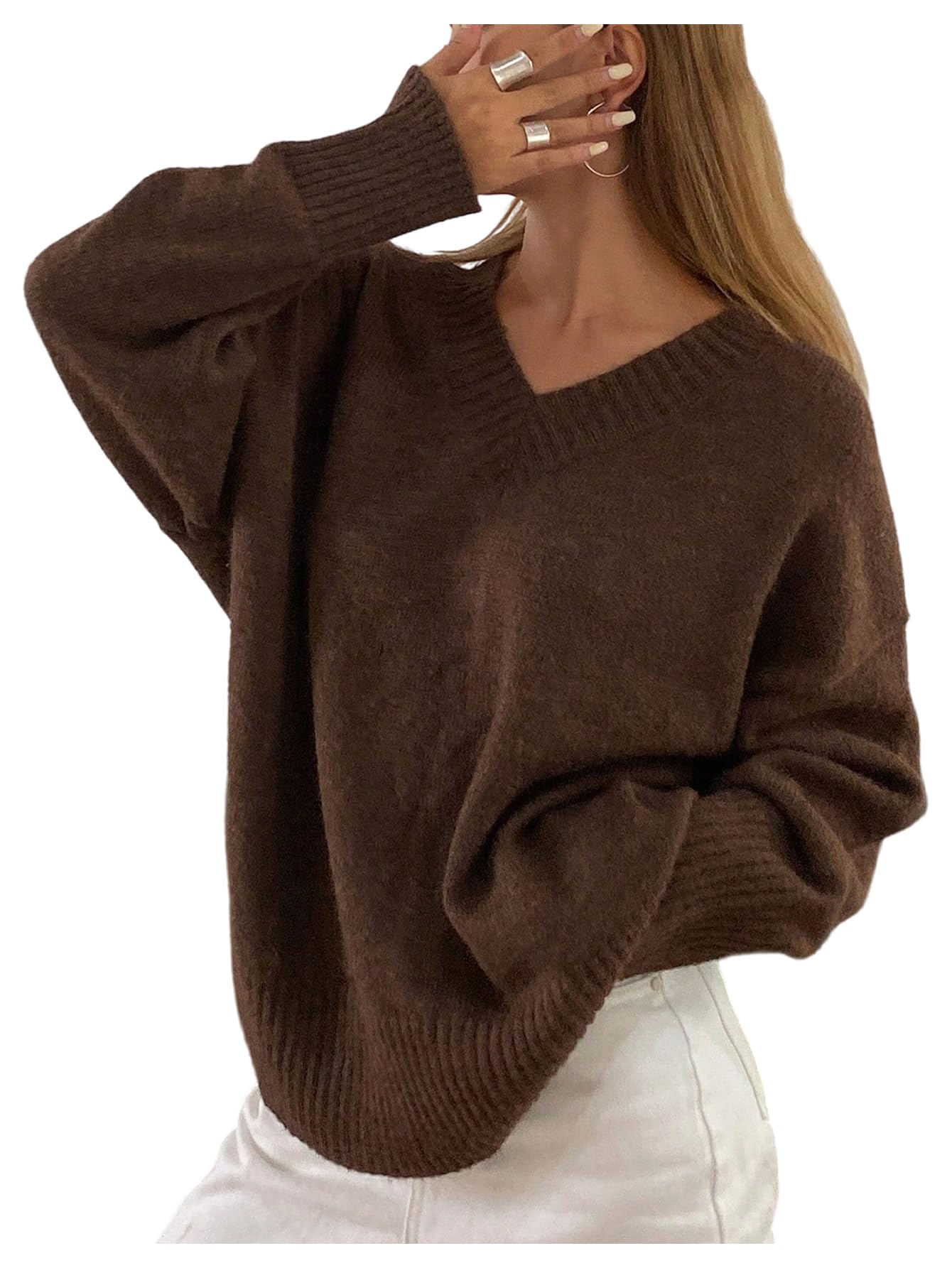 Womens Oversized Fall Sweaters Long Sleeve V Neck Loose Knit Pullover Tops Airport Travel Outfit