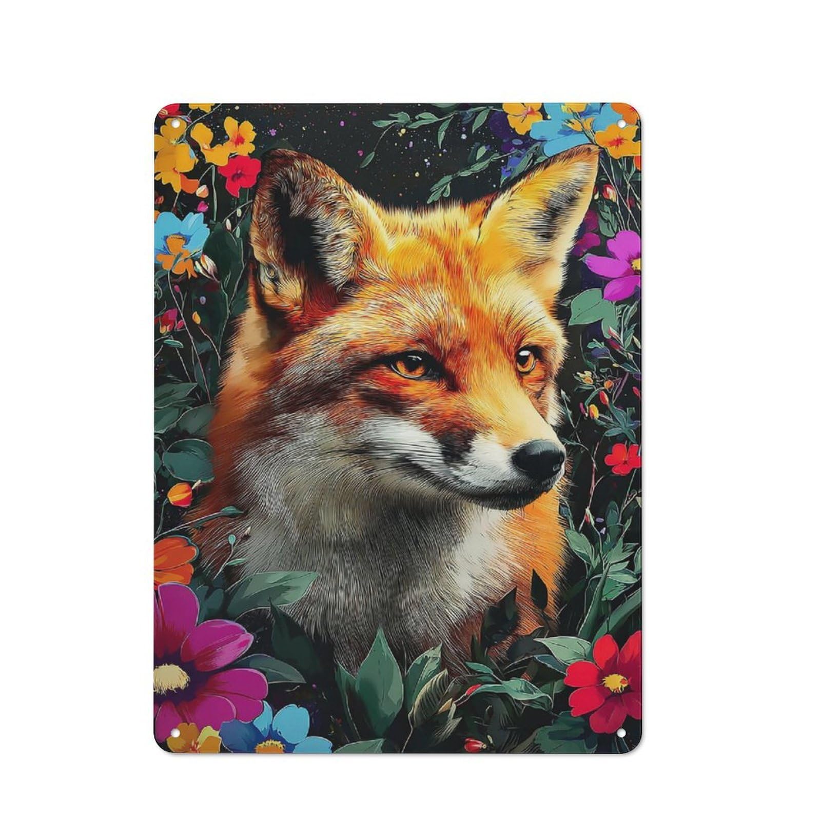 Junmoney Fox Amidst Vibrant Flowers For Guest Room Or Hallway, Retro-Style Tin Sign 40X30cm, For Vintage Wall Decor Fans, For Themed Room Decoration