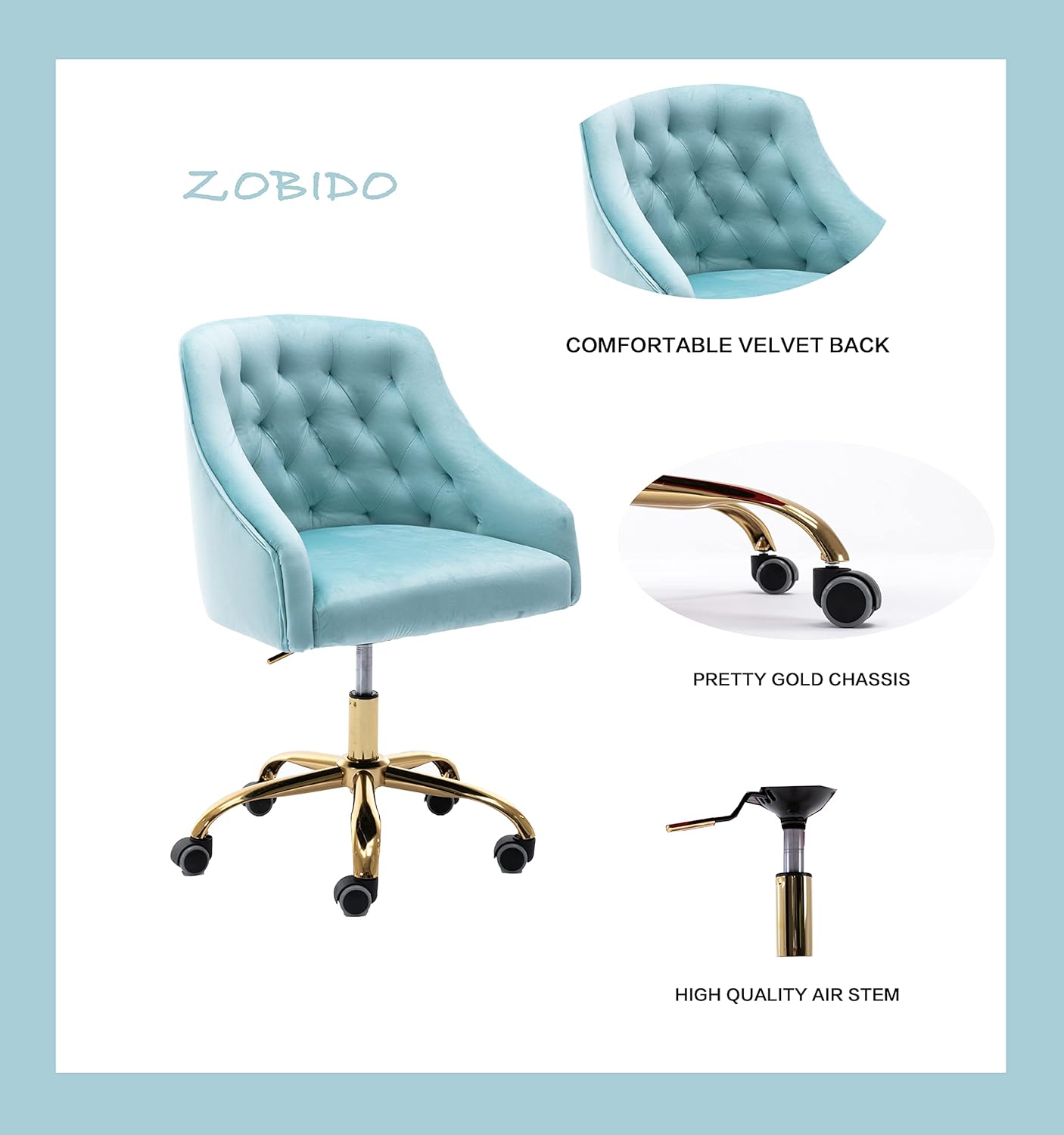 ZOBIDO Comfy Home Office Task Chair with Wheels, Cute Modern Upholstered Velvet Seashell Back Adjustable Swivel Vanity Desk Chair, for Women, for Girls, Living Room(Bright Blue)