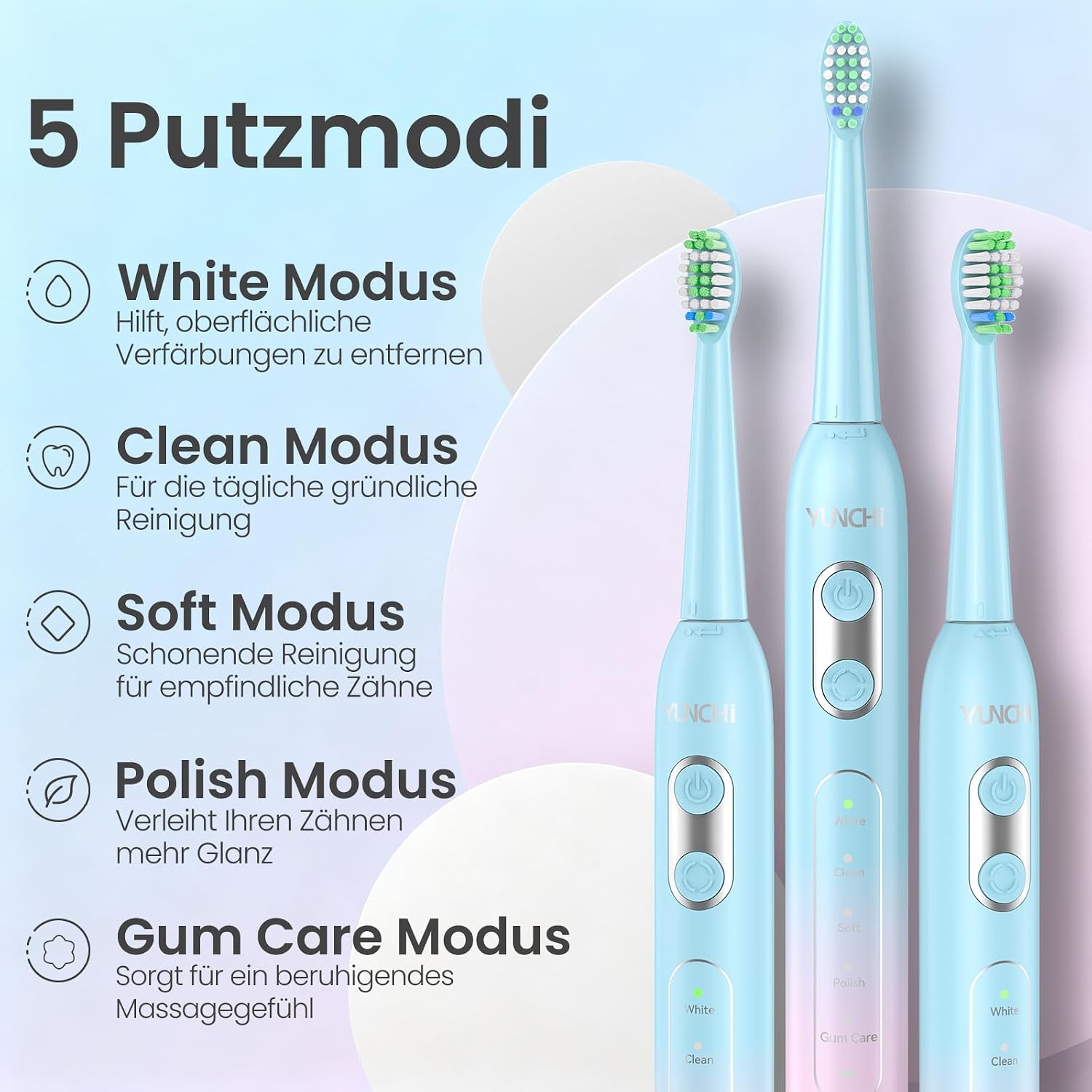 YUNCHI C2 Electric Sonic Toothbrush displaying 5 cleaning modes: White, Clean, Soft, Polish, and Gum Care.