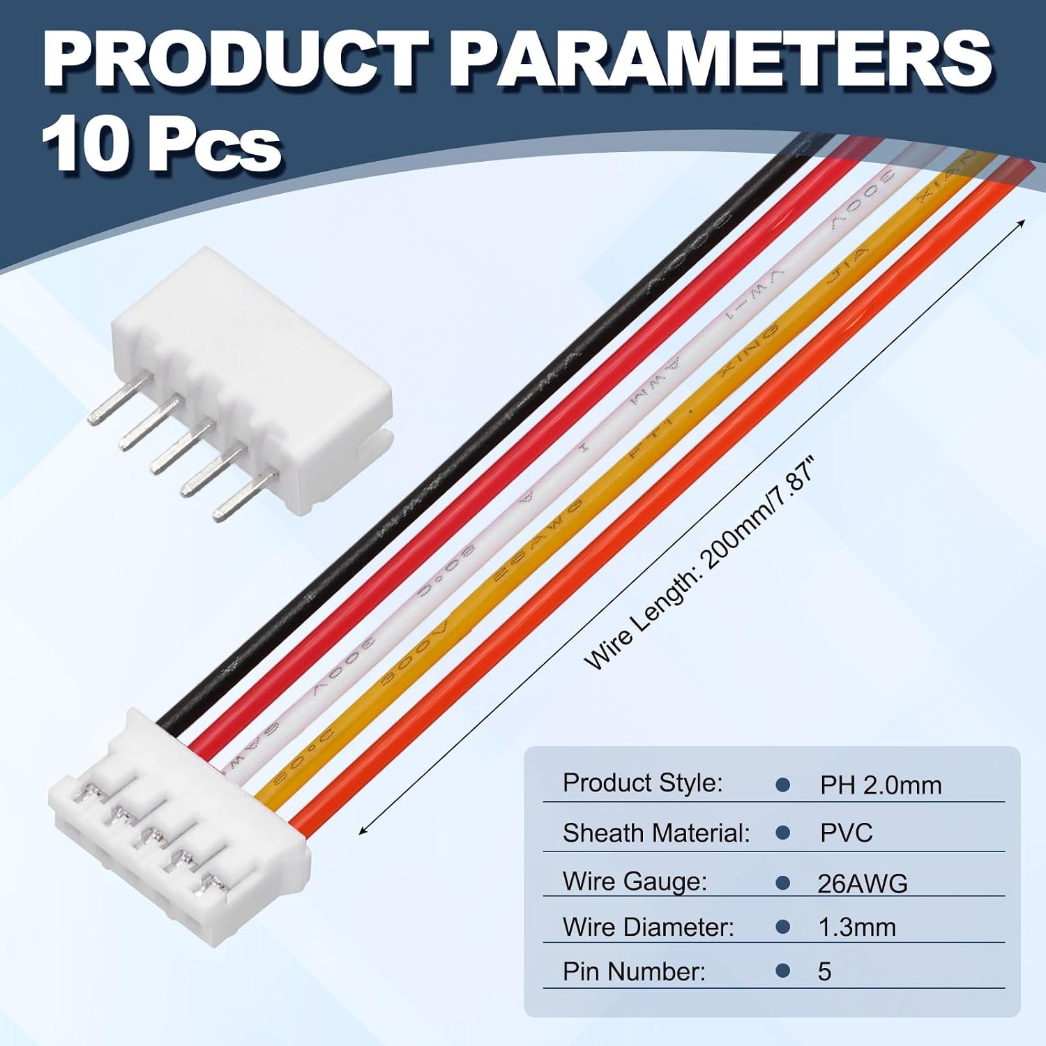 MECCANIXITY 10Pcs PH 2.0mm 5 Pin Single Head Male Connector Plug with 26 AWG 200mm Wire Cable Female Motherboard Connector for Speakers LED Light Strips image 2
