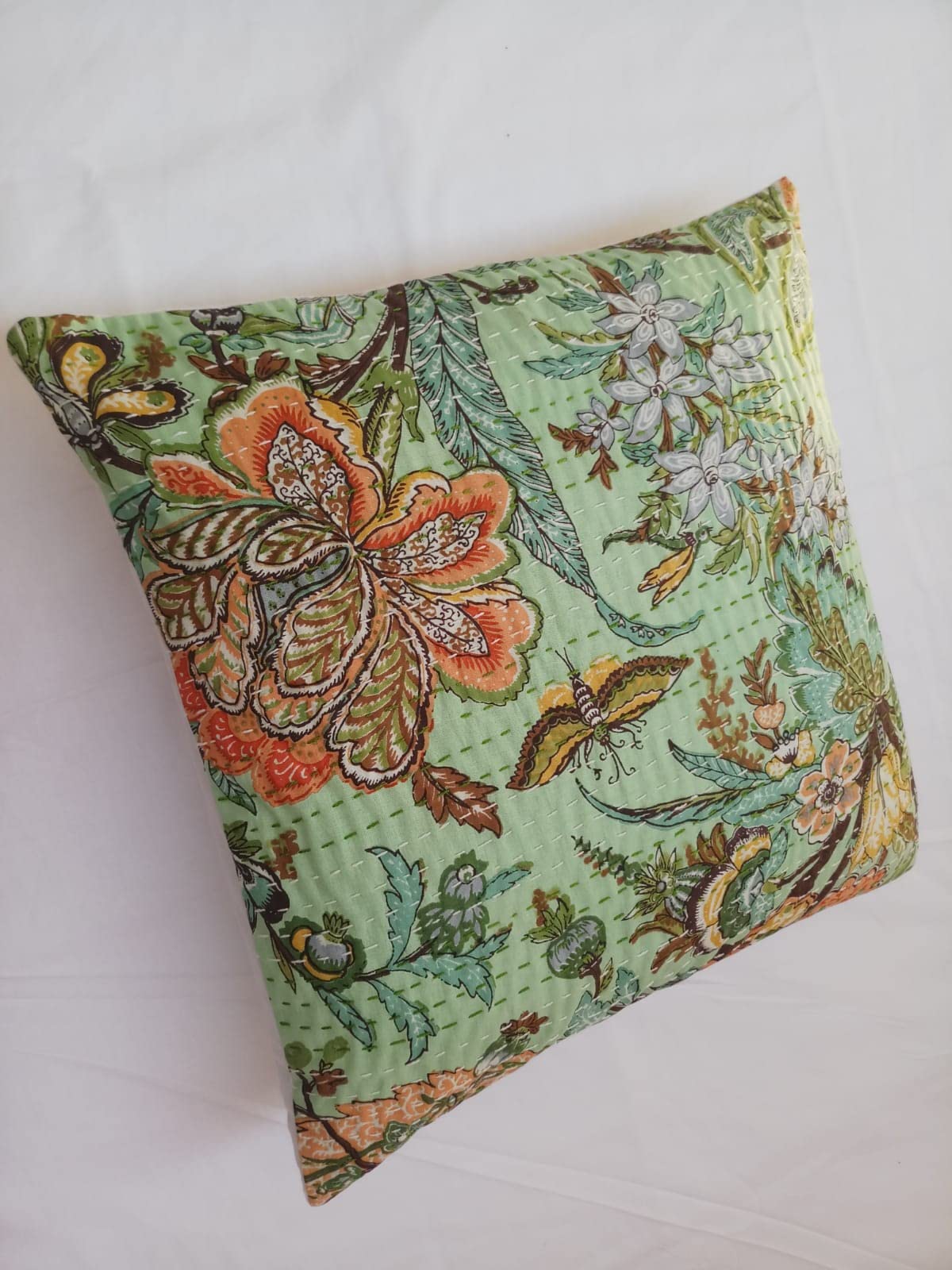 Malan Bai Kantha Cushion Cover Decorative Kantha Cushion Cover Cotton Kantha Cushion Cover (16x16-inches,Yellow jall