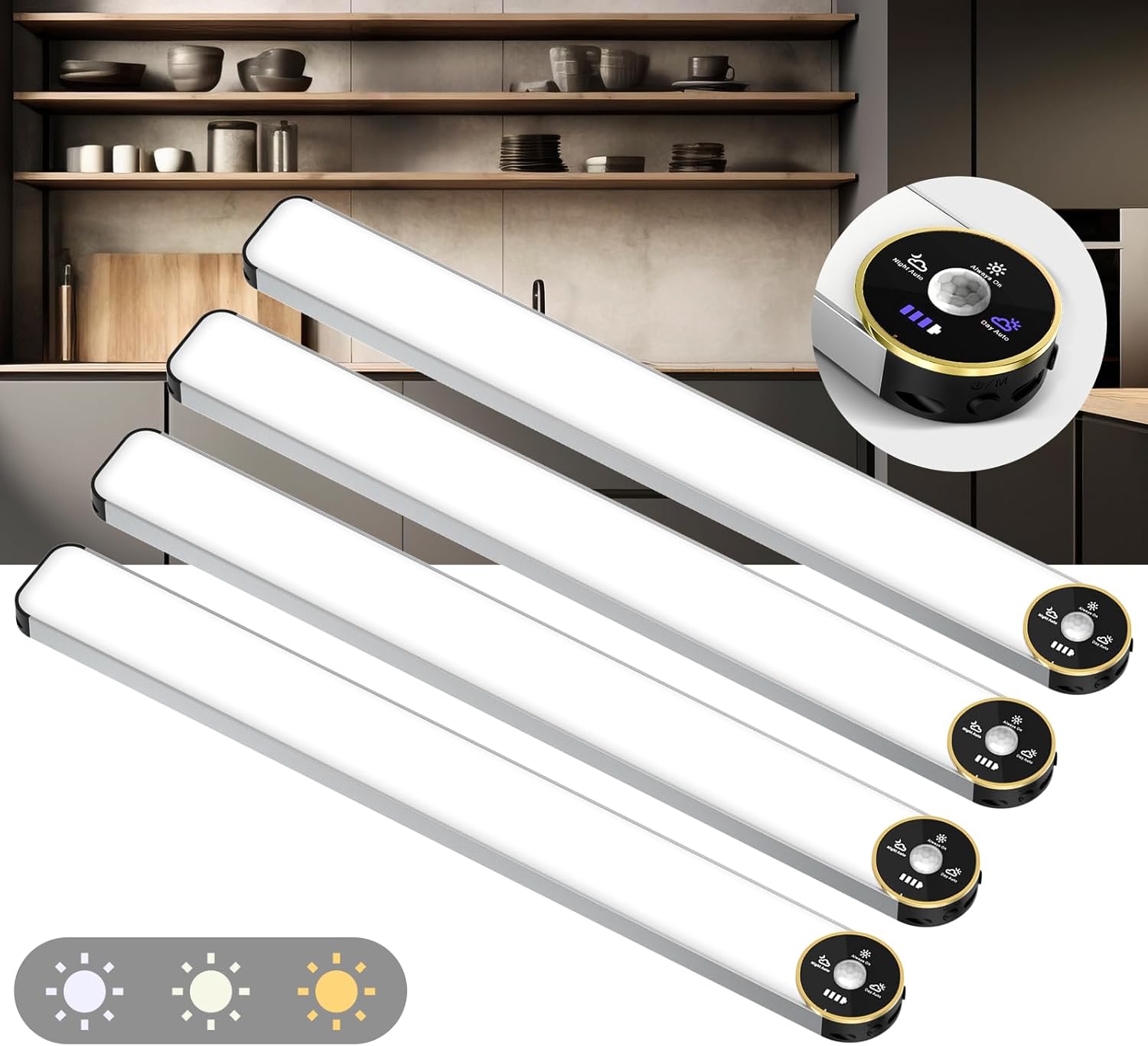 Motion Sensor Under Cabinet Lighting, 3-Color Dimmable, 84 LED 15 Inch Wireless Closet Lighting, Rechargeable 3200mAh Battery, Digital Display, Perfect for Kitchen & Indoor Use (4-Pack) Silver 15 In - 4 Pack