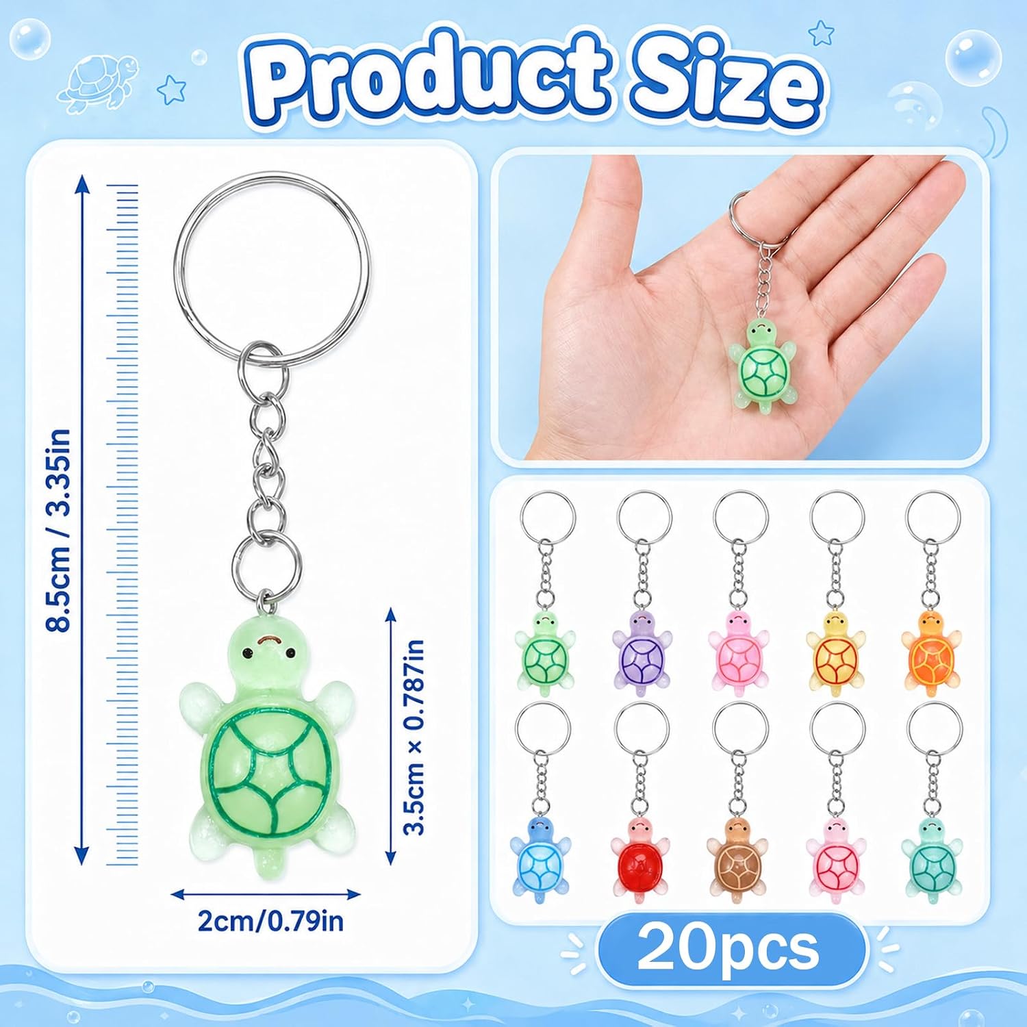 20 PCS Mini Luminous Turtle Keychain Bulk Set Turtle Charms image 3