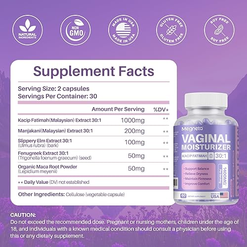 Miniatura 6 de Hidratante vaginal, Kacip Fatimah 1,000 mg y Manjakni 200mg para la salud íntima femenina, olmo resbaladizo para mujeres, vegano, 60 cápsulas