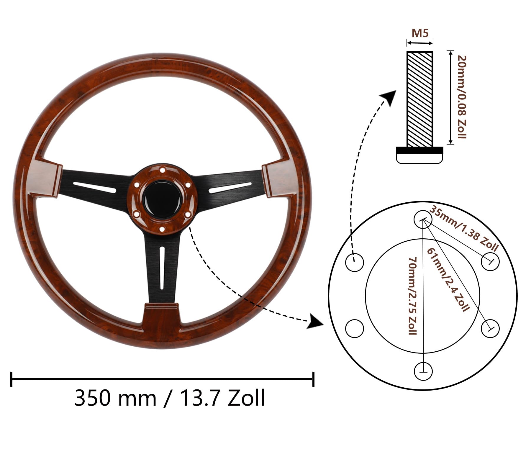 aleawol 350 mm Volante in Legno, 14 Pollici Volante in Mogano Classico con Kit Clacson per Auto Modifica Retrofit