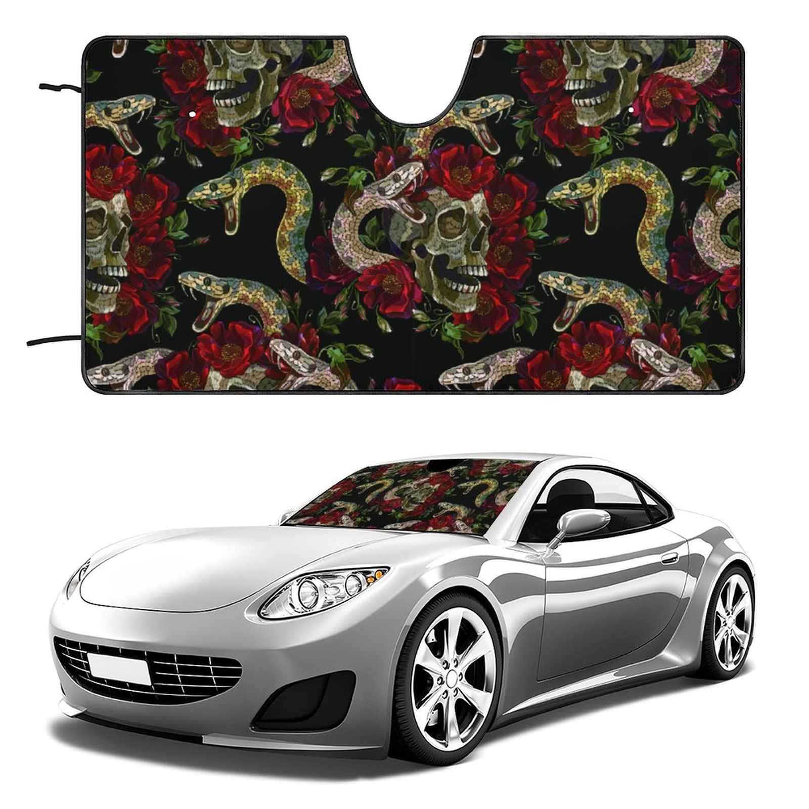 Parasol Coche Delantero Calavera Gótica - Serpiente Rosas Rojas Parasol para Coche Delantero Plegable Protección Rayos UV Parasol para Vehículo Universal para Coche Vehículos SUV