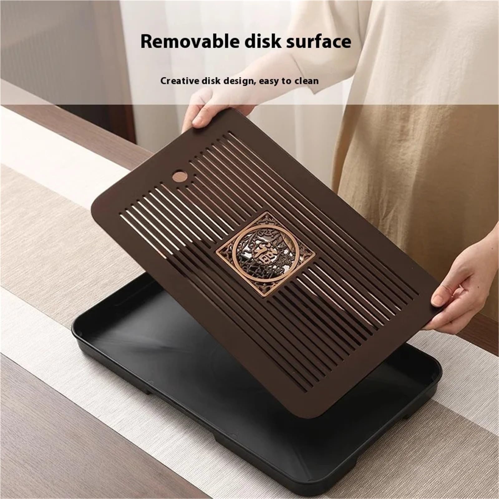 Bandeja de té portátil de bambú rectangular de 43 cm para ceremonia de té, doble propósito con drenaje y almacenamiento de agua, diseño de bendición perfecta para el hogar y regalo.