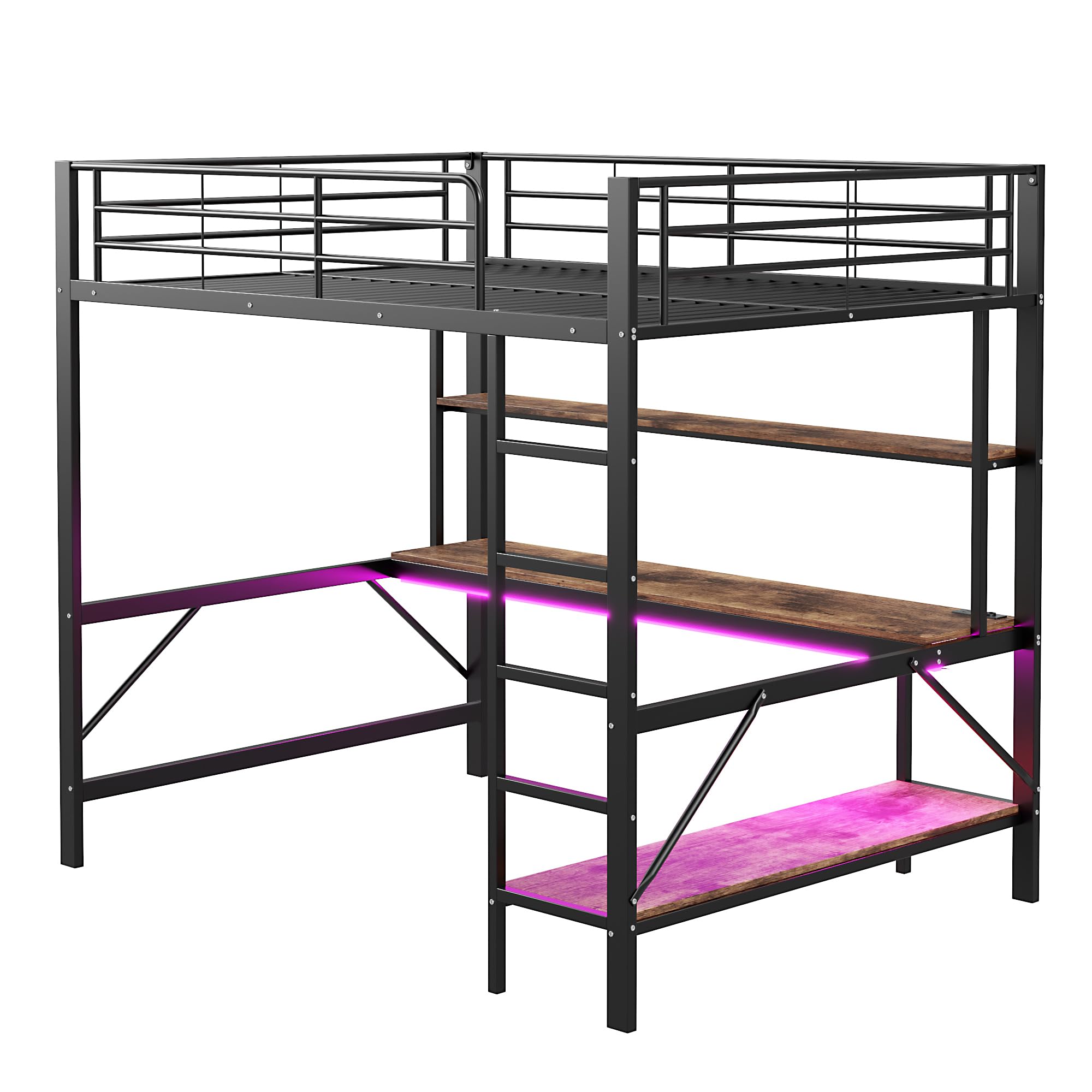 Letto a soppalco per bambini 140 x 200 cm,letto a castello matrimoniale 140x200 in metallo con prese USB e elettriche, con illuminazione a LED,scrivania,con sponde e scaletta,diversi ripiani,Nero