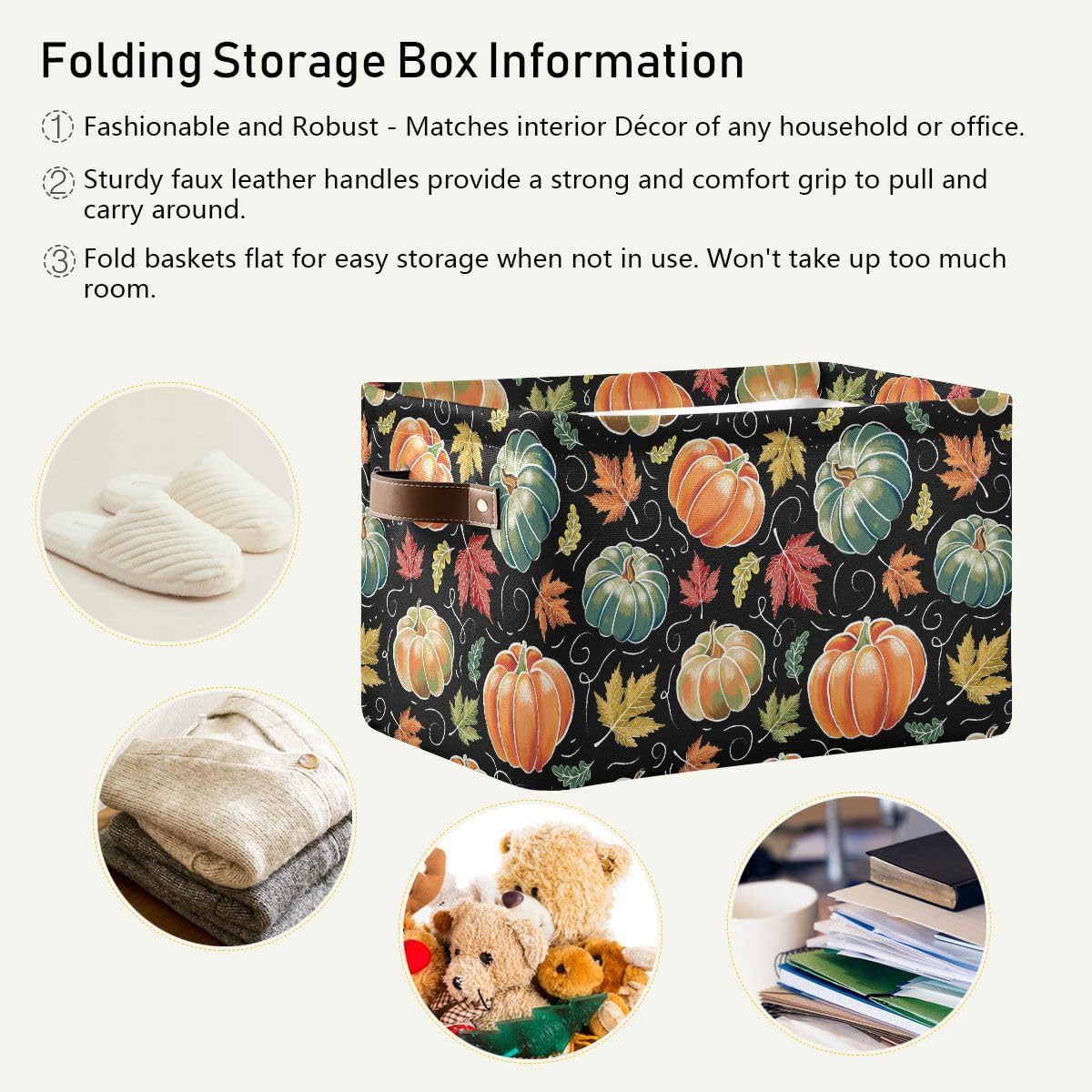 Pumpkin Black Storage Basket Fabric Kitchen Baskets Fall Maple Leaves Autumn Open Home Storage Bins Boxes Foldable Organizer Bag for Baby Cloth Pet Toy Book Shelf Closet Baskets 16×12×8 Inches