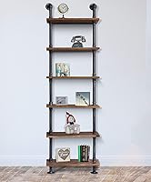 Vista 6 de Diwhy Industrial Pipe Shelves Rustic Modern 24"W Wood Ladder Bookcase with Metal Frame, Pipe Wall Shelf, Wood Storage, Home Decor, Display Shelving