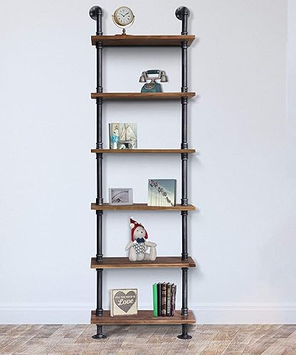 Miniatura 6 de Diwhy Industrial Pipe Shelves Rustic Modern 24"W Wood Ladder Bookcase with Metal Frame, Pipe Wall Shelf, Wood Storage, Home Decor, Display Shelving,