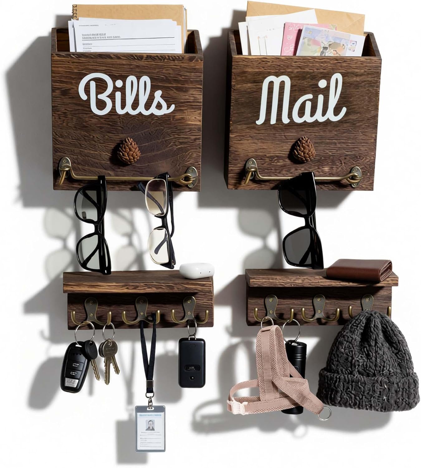 eBun Magnetic Mail Organizer with Key Hooks – 2-Pack Solid Wood Wall Mount for Mail & Bills, 12 Hooks Entryway Holder, No-Drill for Renters